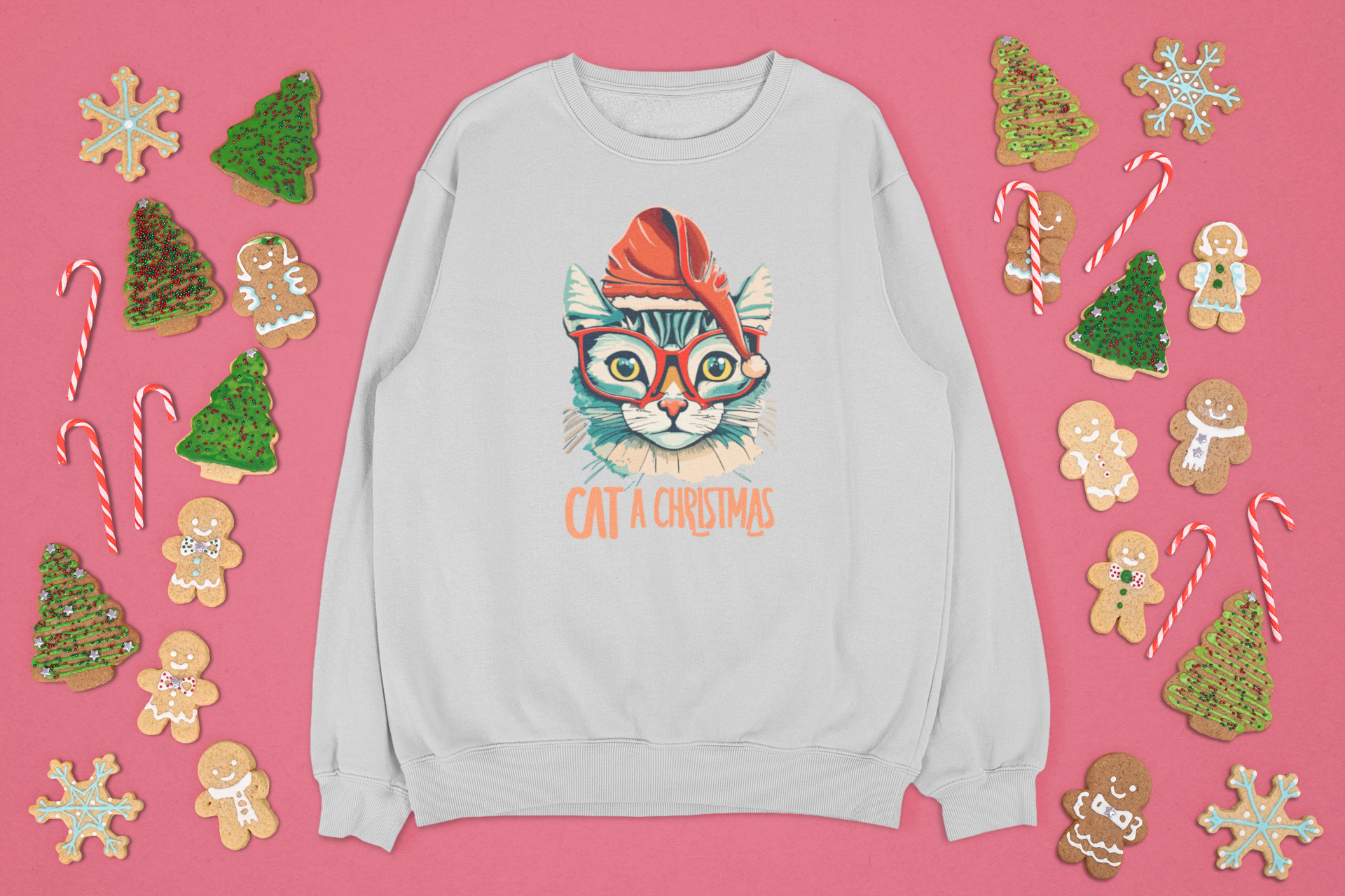 Kalėdinis džemperis su katino piešiniu