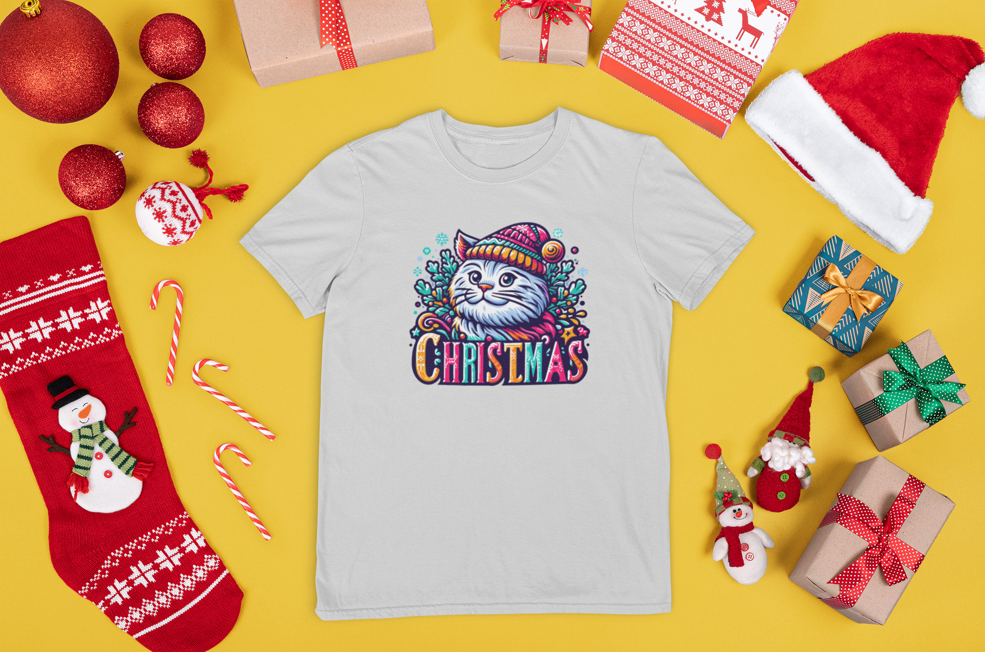 Kalėdiniai marškinėliai su katinu