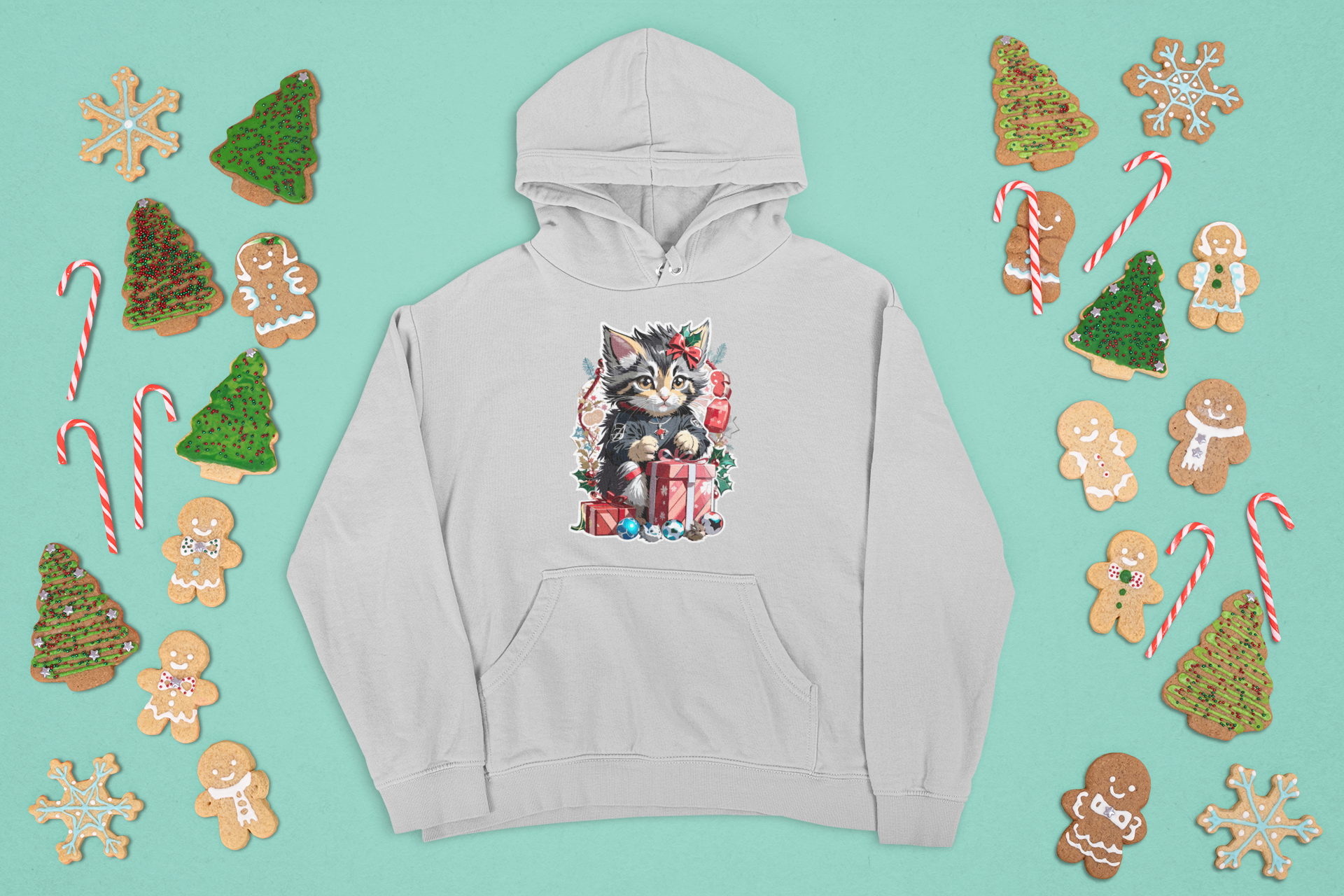 Kalėdinis katino džemperis su gobtuvu