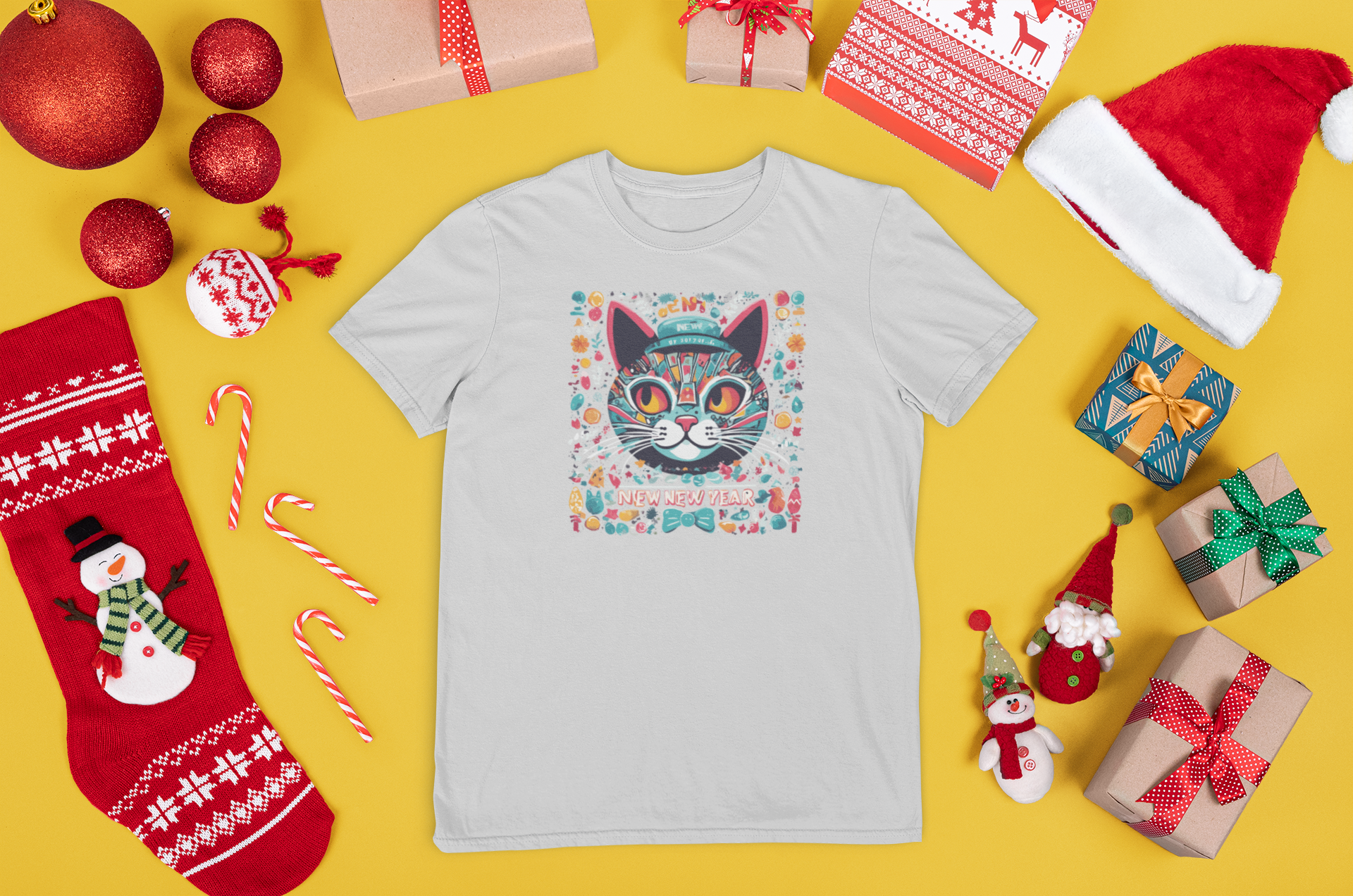 Marškinėliai su kalėdine katės iliustracija