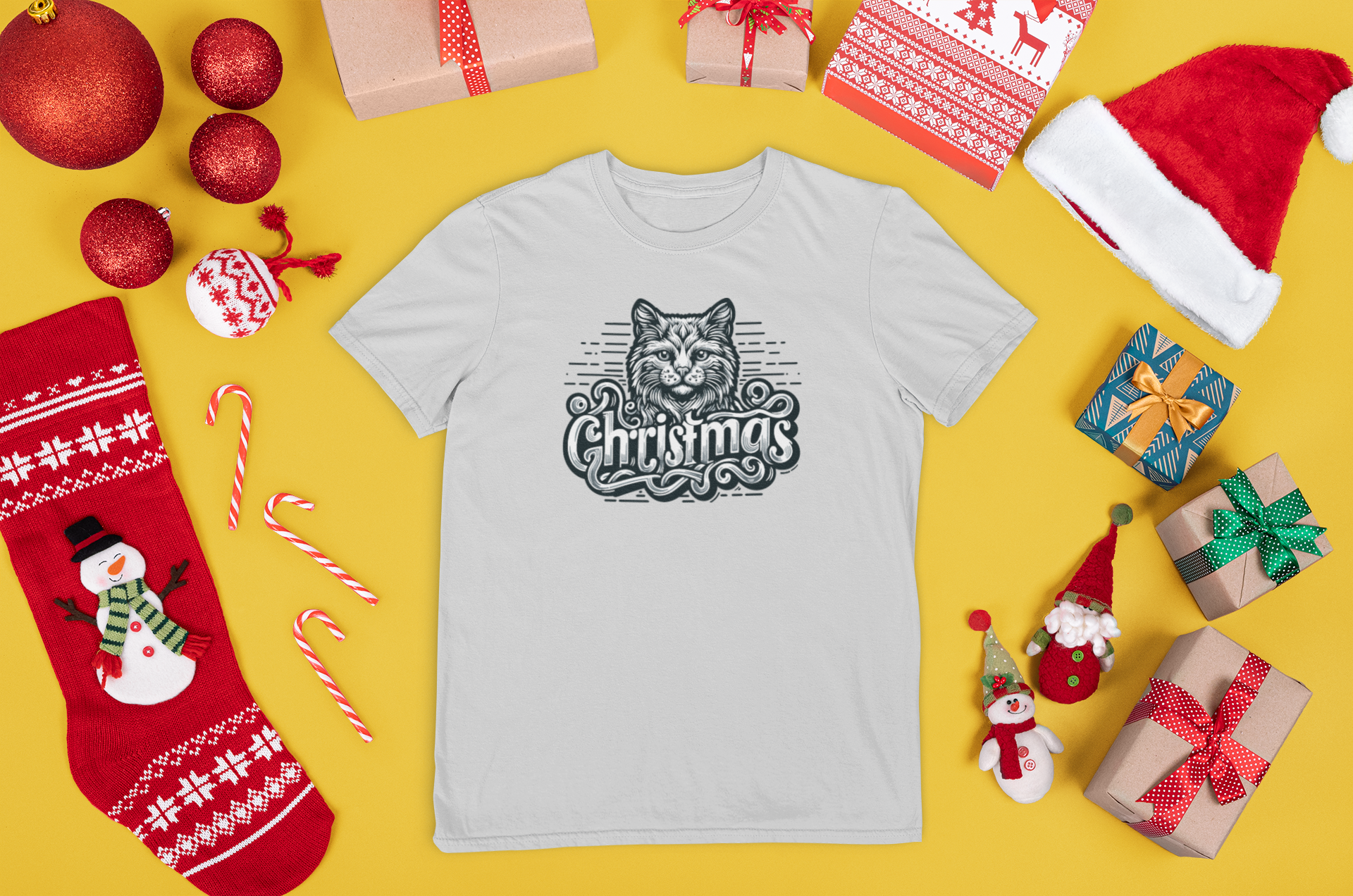 Kalėdiniai marškinėliai su katinu