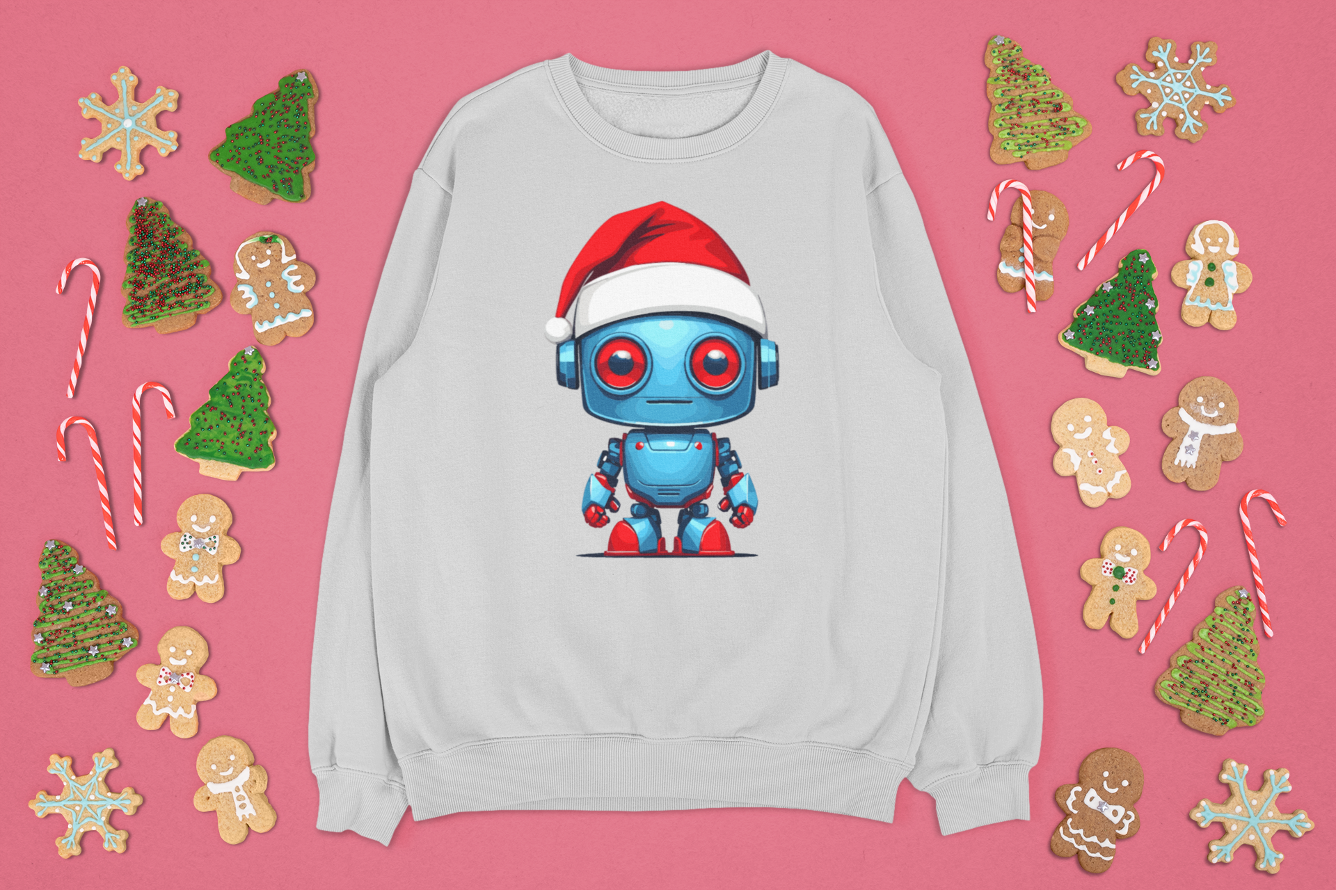 Robotu piešinys su Kalėdų kepure ant džemperio
