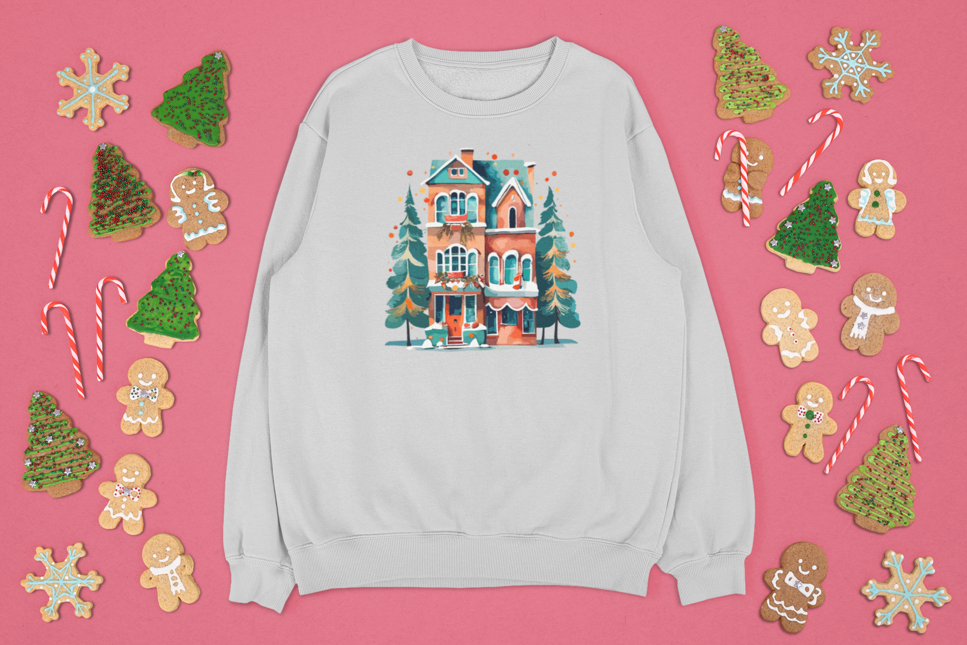 Kalėdinis džemperis su namo iliustracija