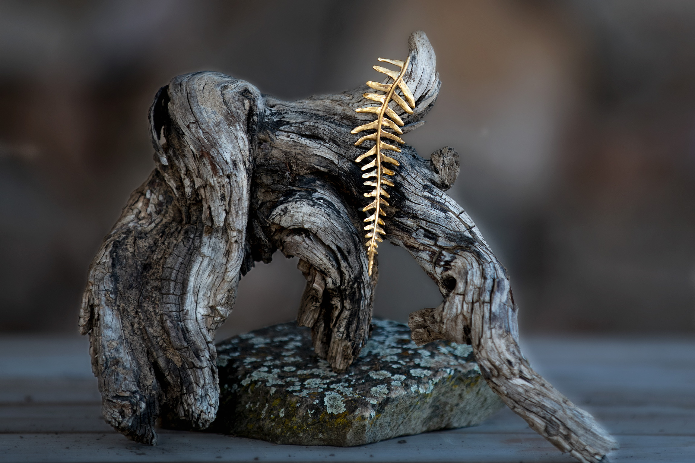 Artistic Driftwood Sculpture with Gold Accent
