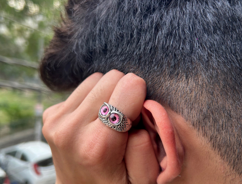 Silver owl ring with pink stones
