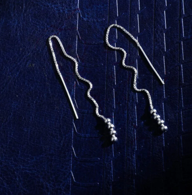 Silver Threaded Drop Long Chain Ear Line Earrings with 4 Silver Balls