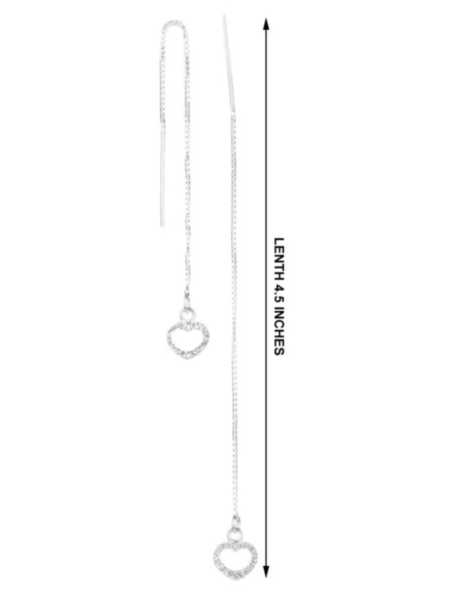Silver Threaded Drop Long Chain Ear Line Earrings with Heart-Shaped Charm