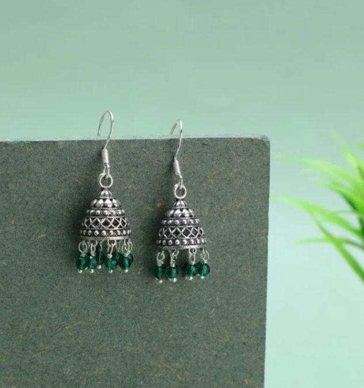 Oxidized Silver Jhumka Earrings - Green 