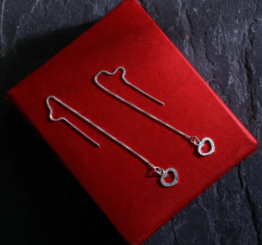 Silver Threaded Drop Long Chain Ear Line Earrings with Heart-Shaped Charm