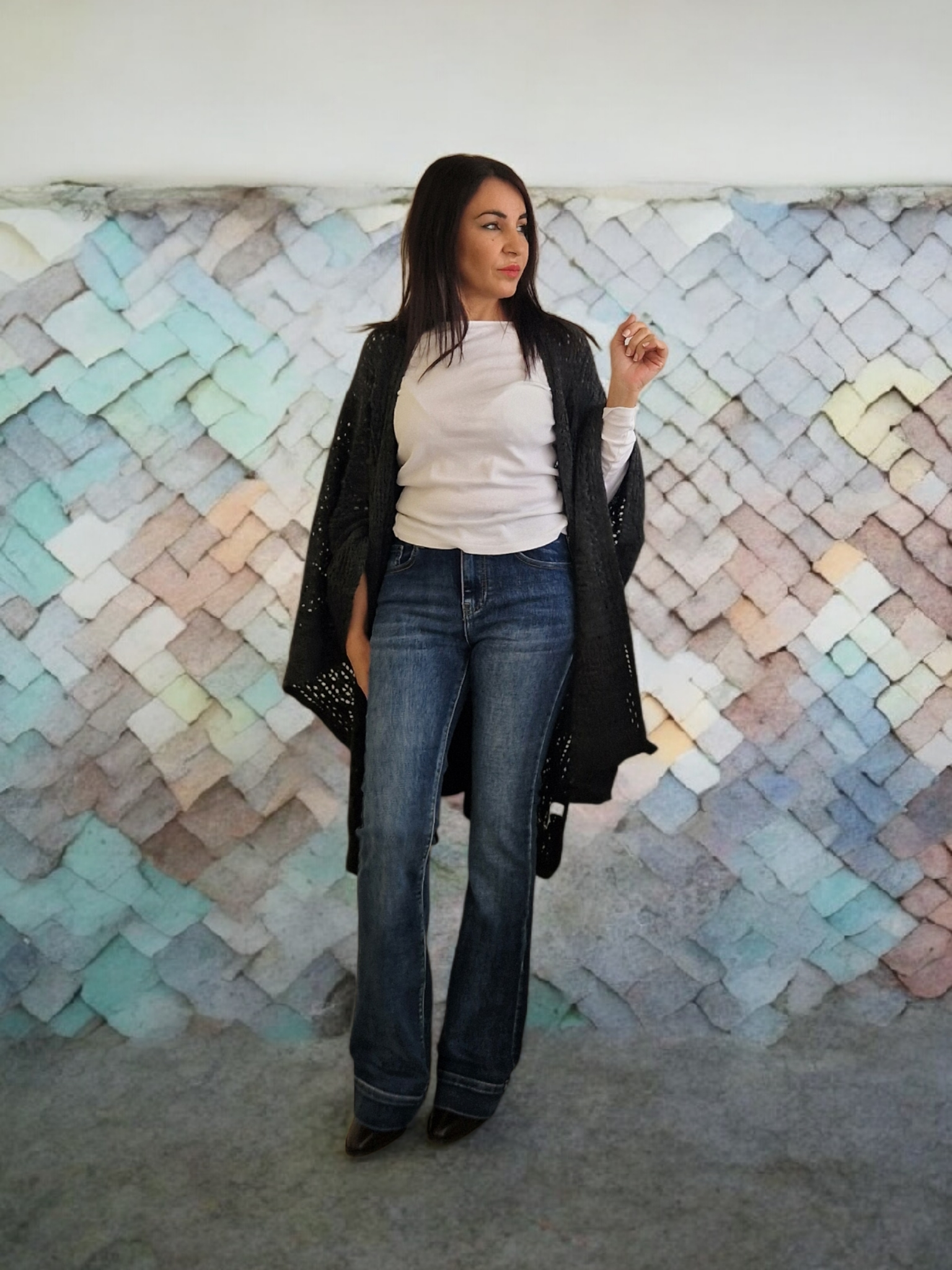 Poncho punto calado gris