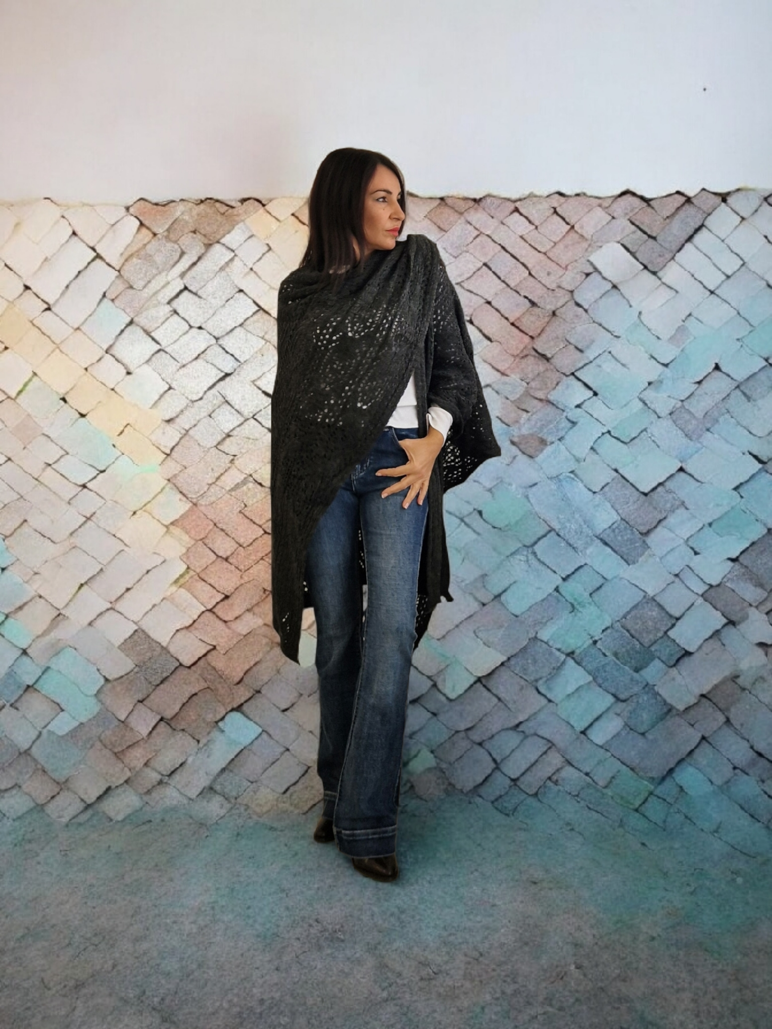 Poncho punto calado gris