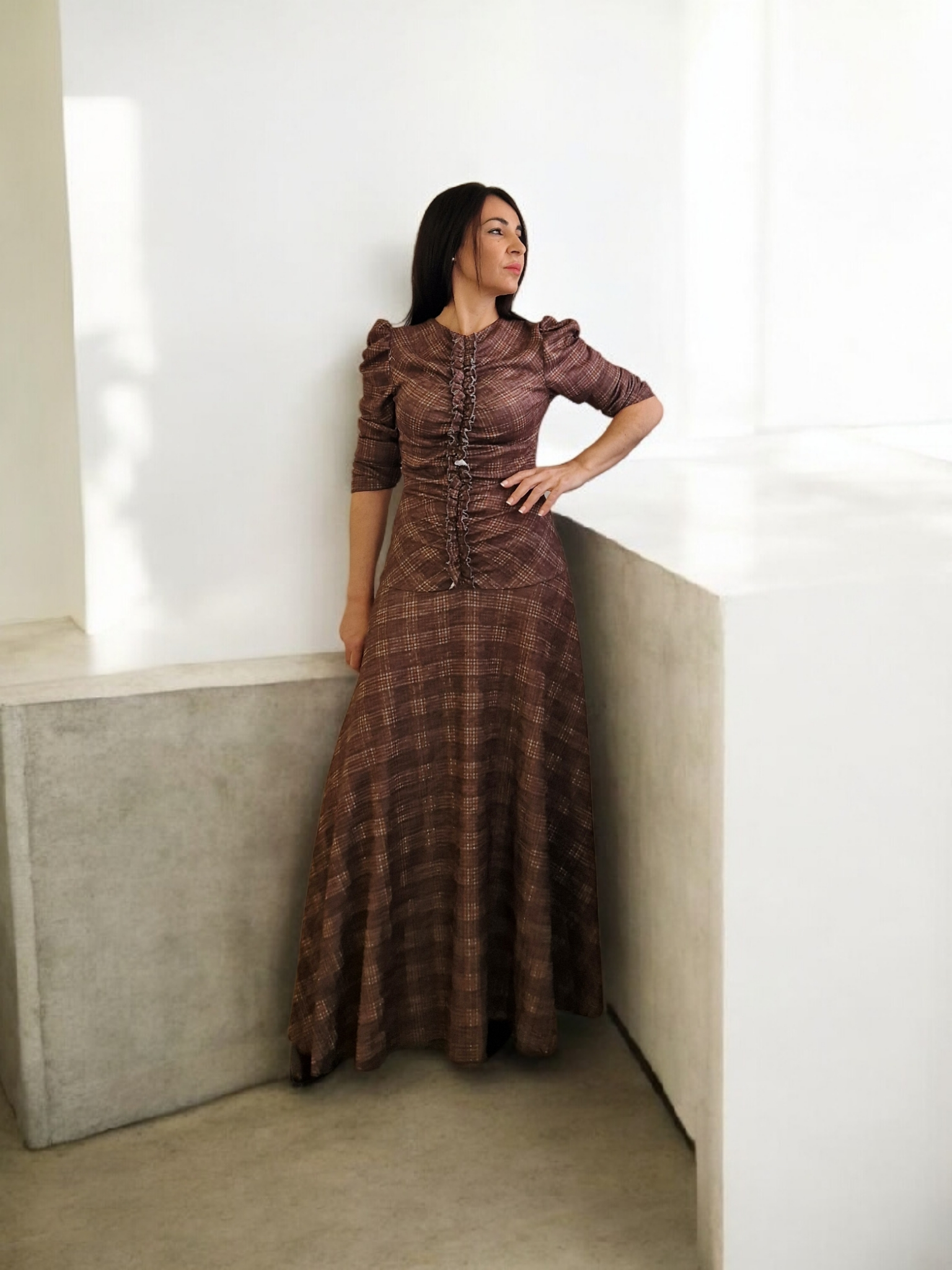 Vestido drapeado marrón