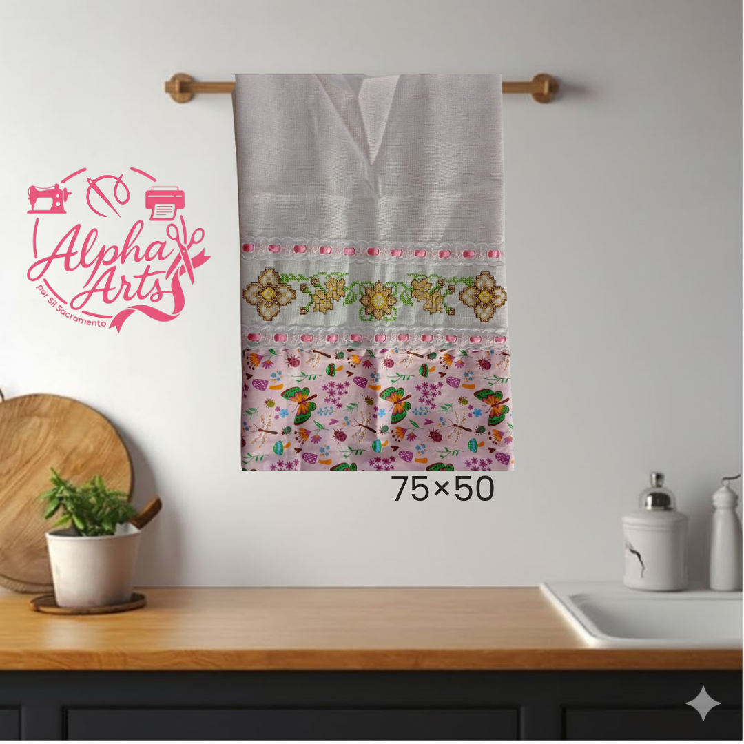 Pano de Prato Decorado - Bordado com Barrado Colorido