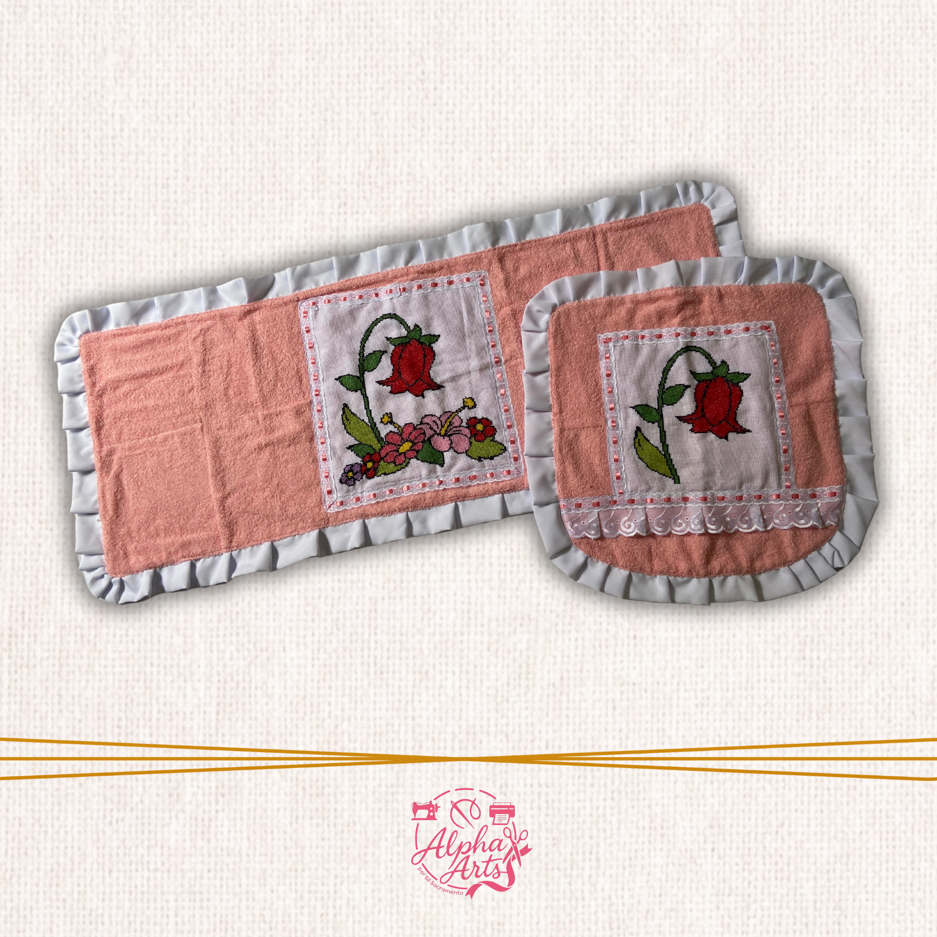 Conjunto de Banheiro 2 Peças com Bordado Floral | Rosa Chá