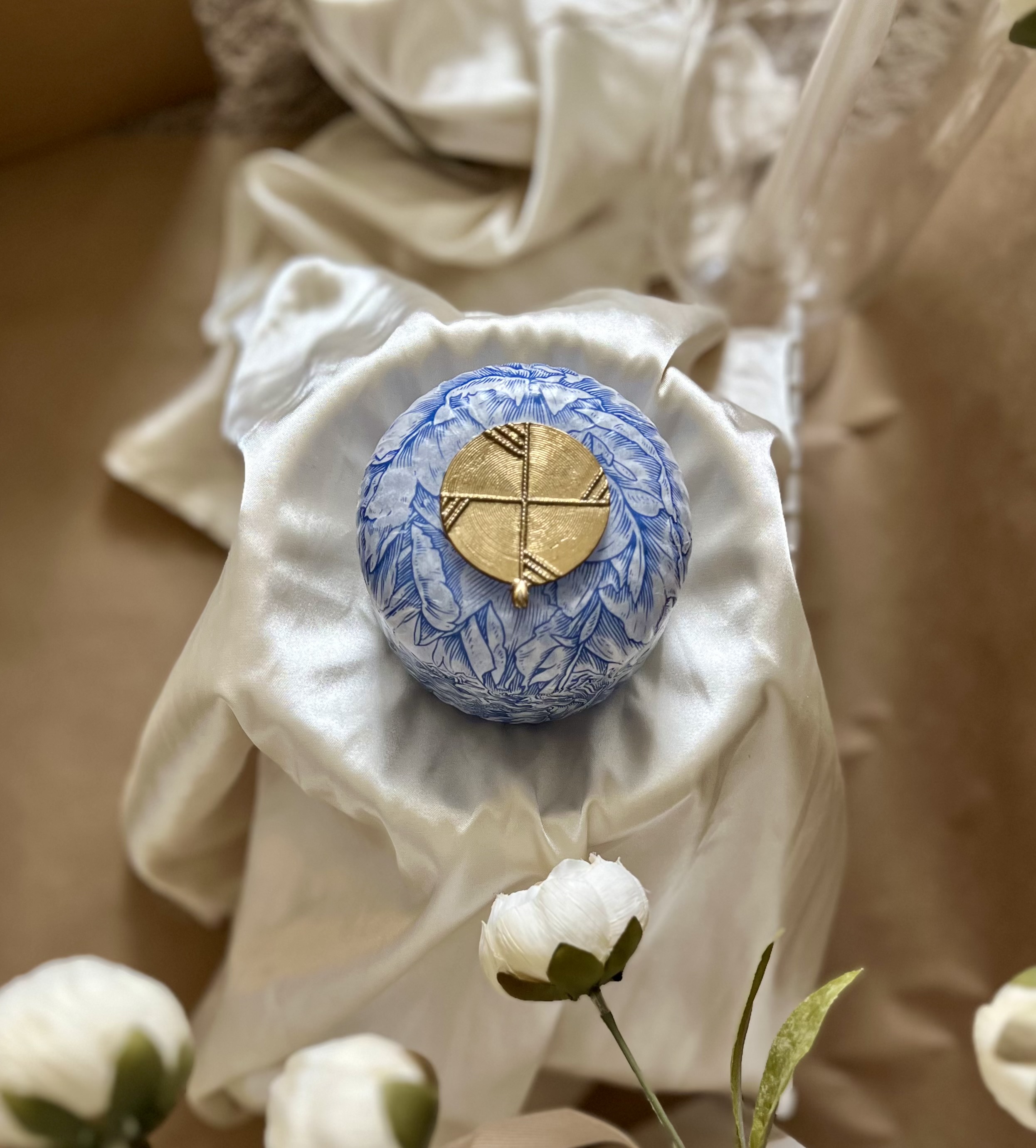 Blue Floral Glass Decoupage Jewelry and Gift Jar