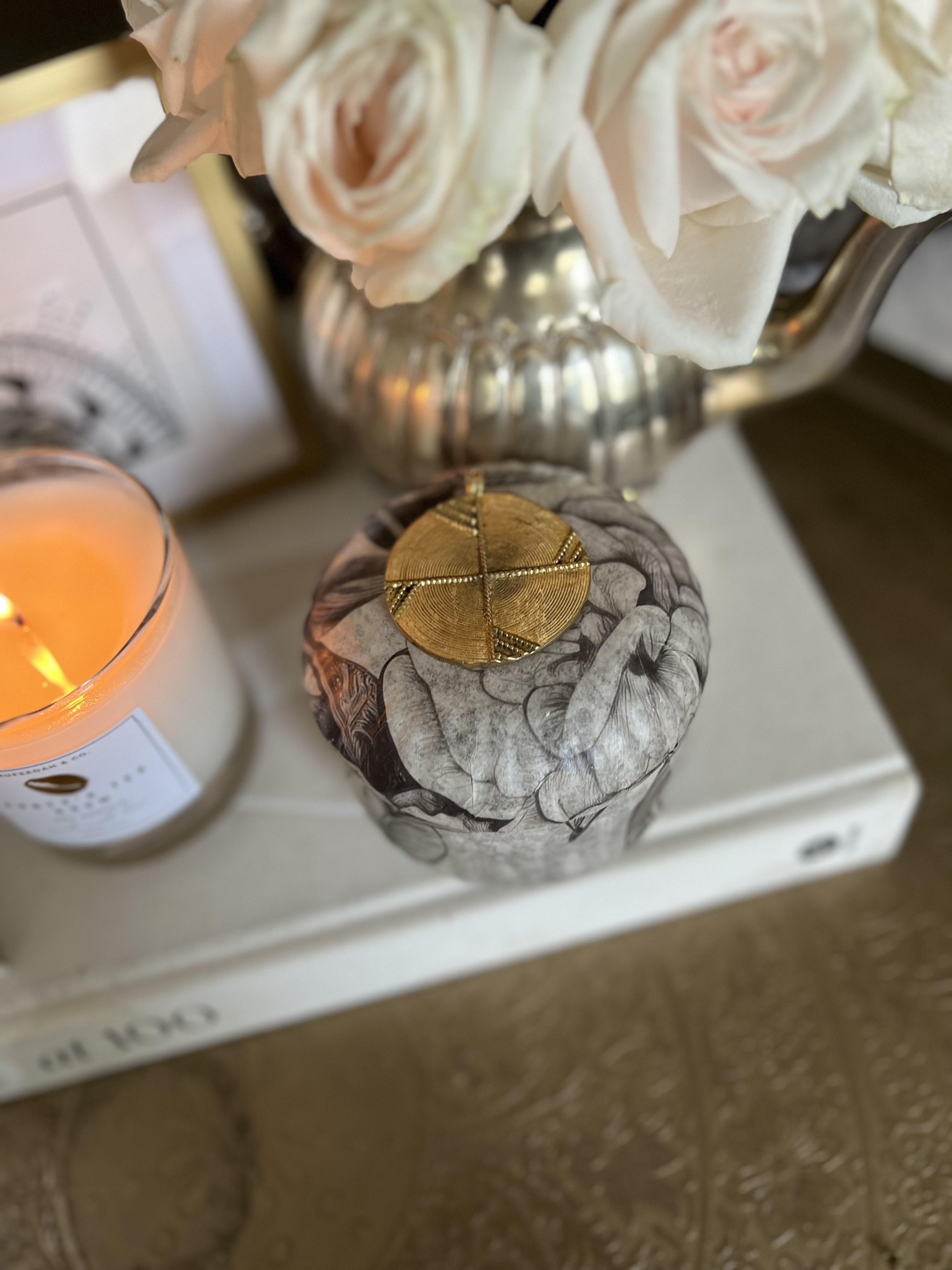 Black Floral Glass Decoupage Jewelry and Gift Jar