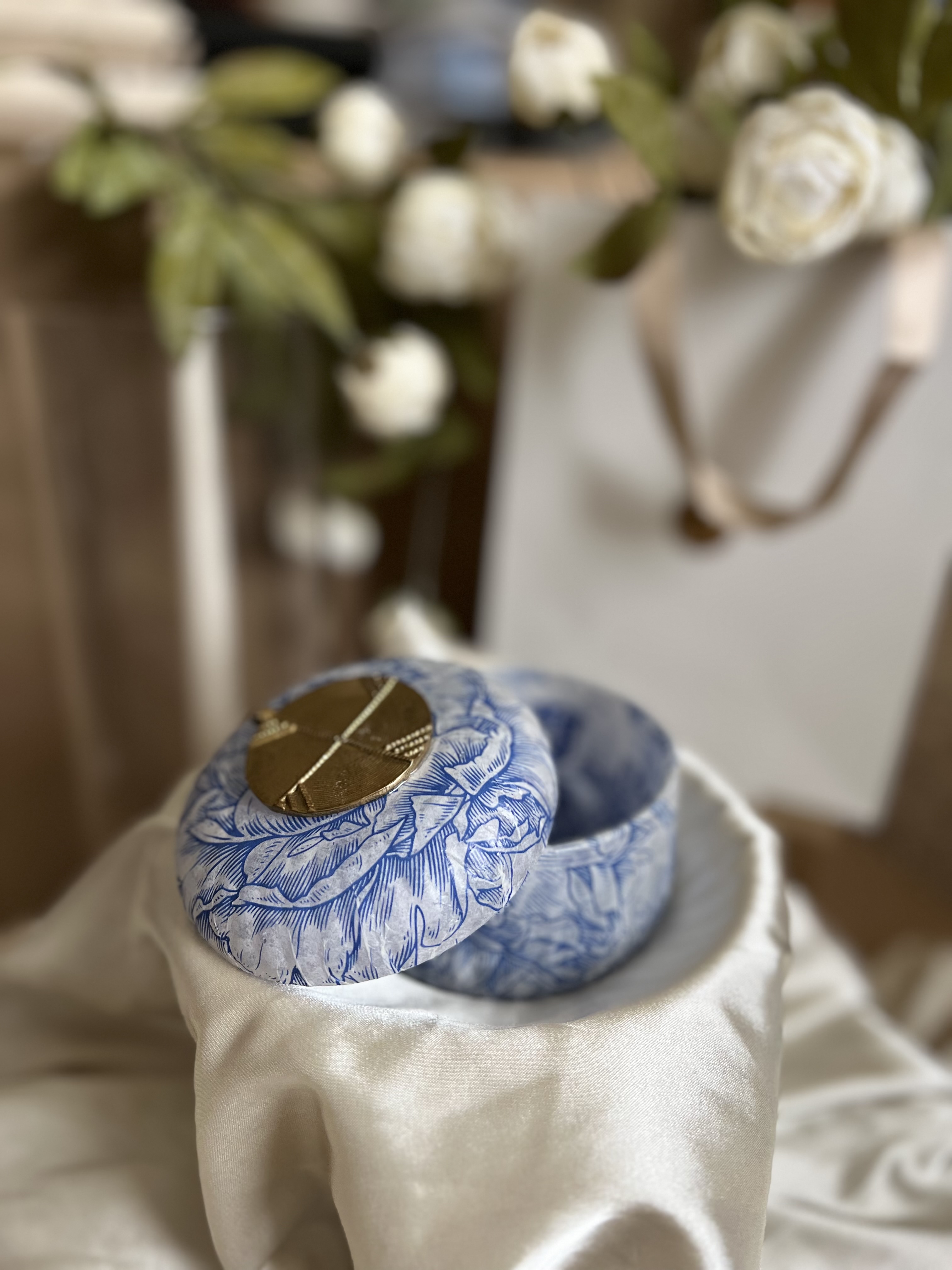 Blue Floral Glass Decoupage Jewelry and Gift Jar