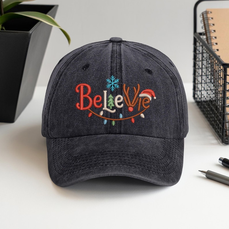 Embroidered Believe Christmas Baseball Cap, Merry and Bright Holiday Hat, Tis The Season Embroidery Cap, Washed Cotton ,Christmas Gift