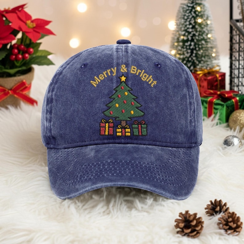 Embroidered Merry & Bright Baseball Cap Š Festive Cotton Adjustable Cap