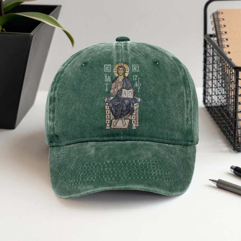 Baseball Cap Christ Pantocrator - Printed Christian Hat, Vintage Washed Cotton, Faith Gift, Religious Cap, Unisex Adjustable Cap