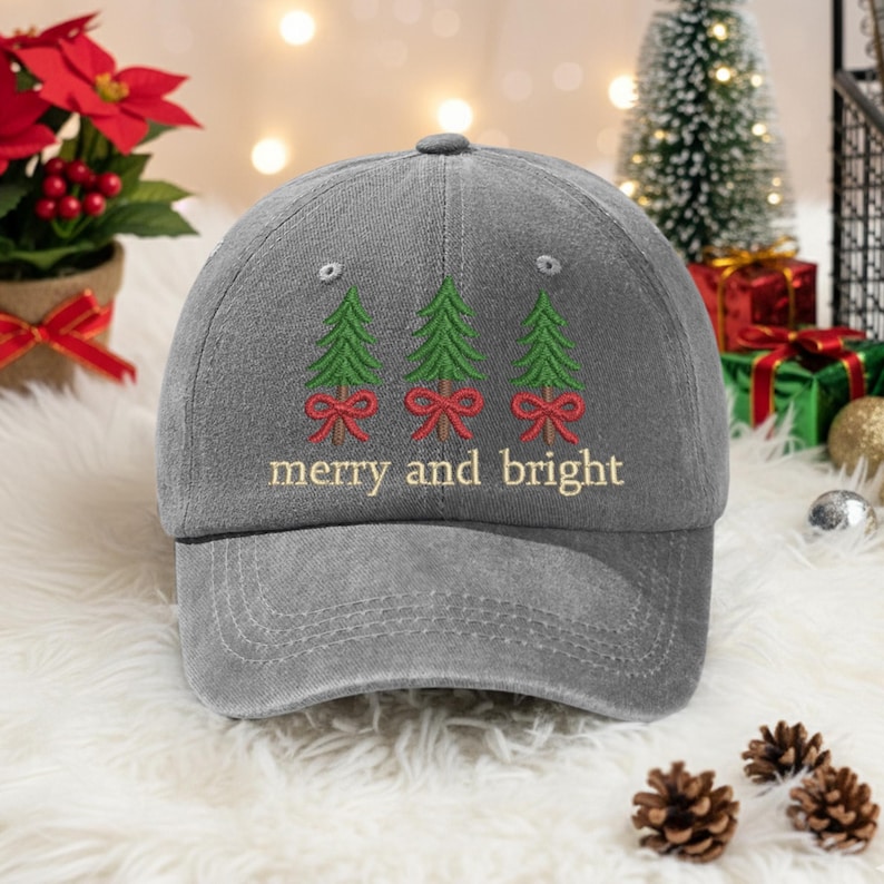 Embroidered Merry And Bright Baseball Cap, Festive Holiday Hat, Adjustable Cotton Christmas Trees Hat for Adults or Kids, Christmas Gift