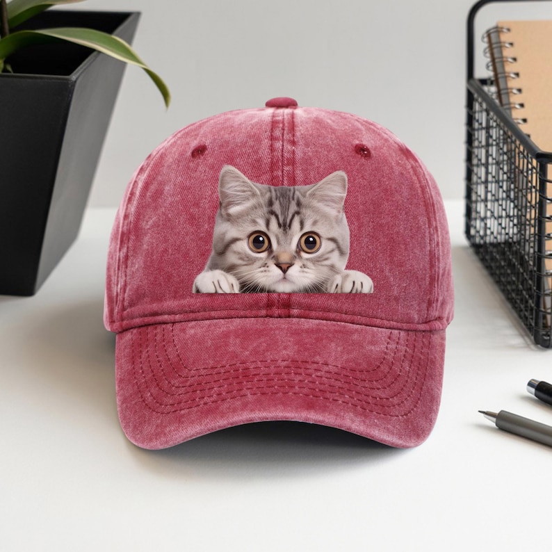 Peeking Cat Baseball Cap, Cute Kitten Dad Hat, Printed Cat Hat, Vintage Wash Adjustable Cap, Adorable Gift for Cat Lovers