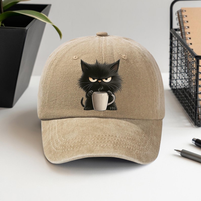 Grumpy Cat Coffee Baseball Cap, Funny Black Cat Dad Hat with Coffee Mug, Printed, Vintage Wash Cotton, Unique Gift for Cat Lovers