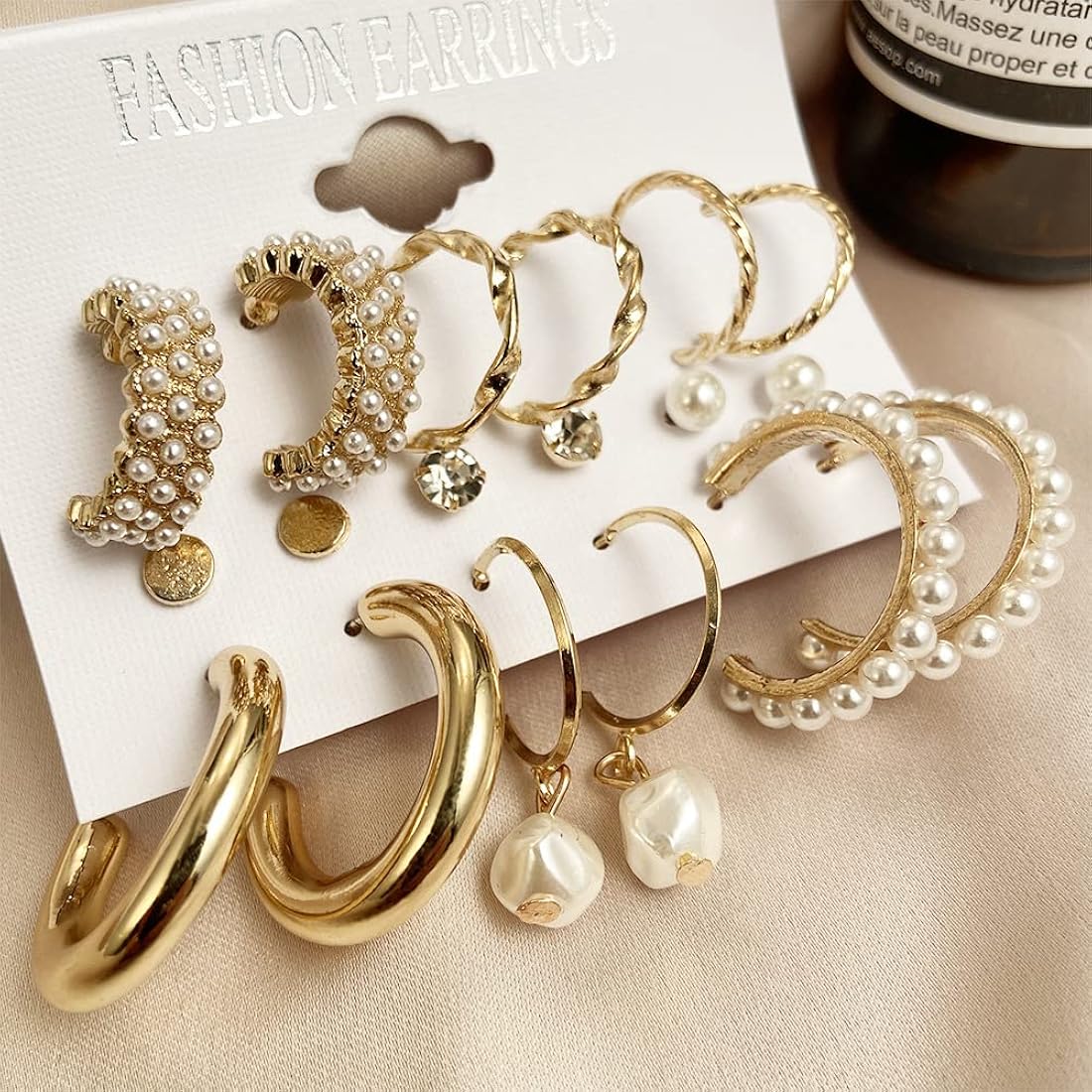 Gold and Pearl Fashion Earrings Set 9 in 1
