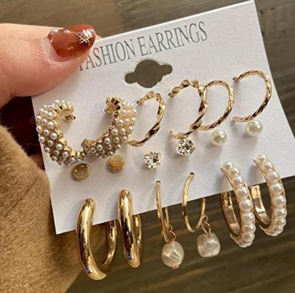 Gold and Pearl Fashion Earrings Set 9 in 1