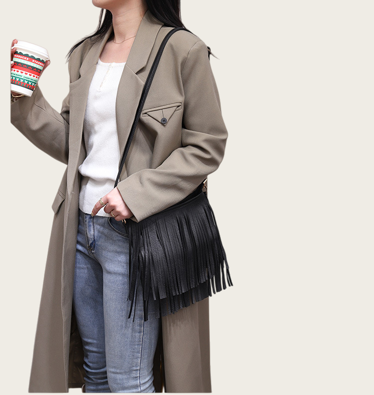 Black Leather Fringe Shoulder Bag