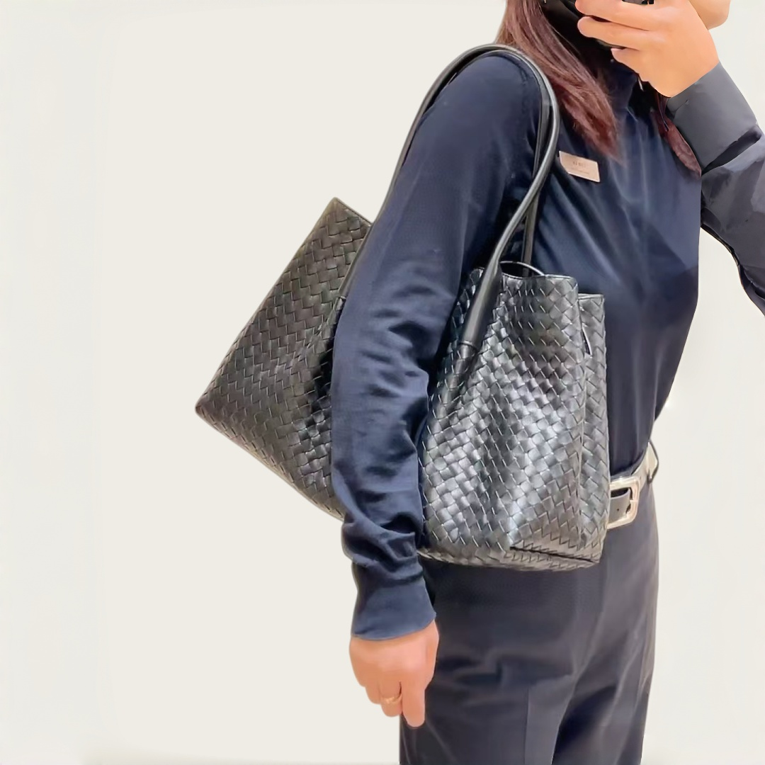 Genuine Leather Woven Black Handbag