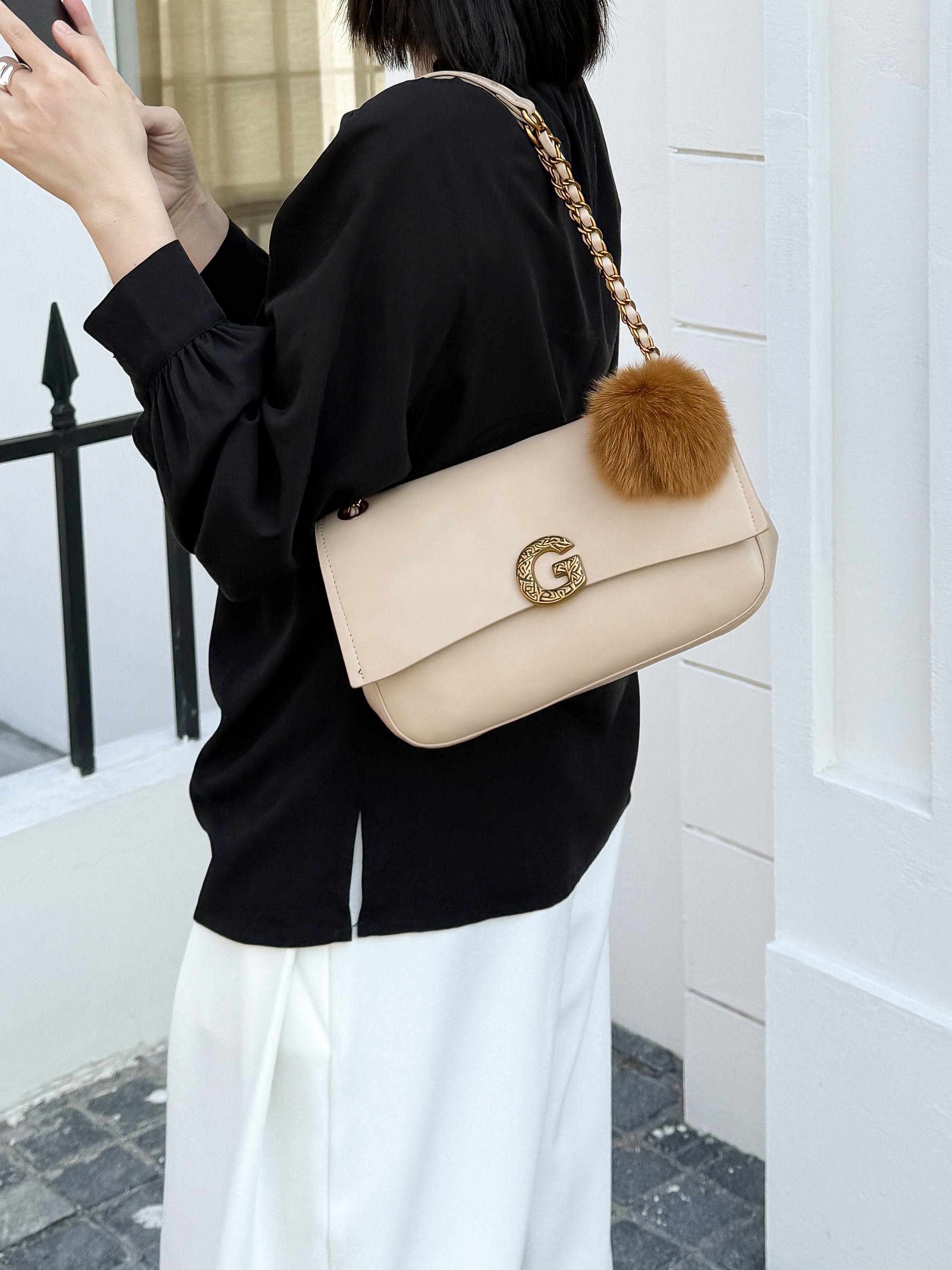 Beige Shoulder Bag with Gold Chain