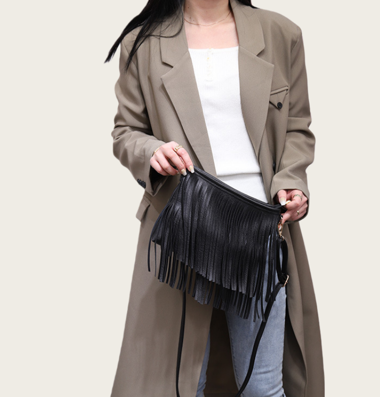 Black Leather Fringe Shoulder Bag