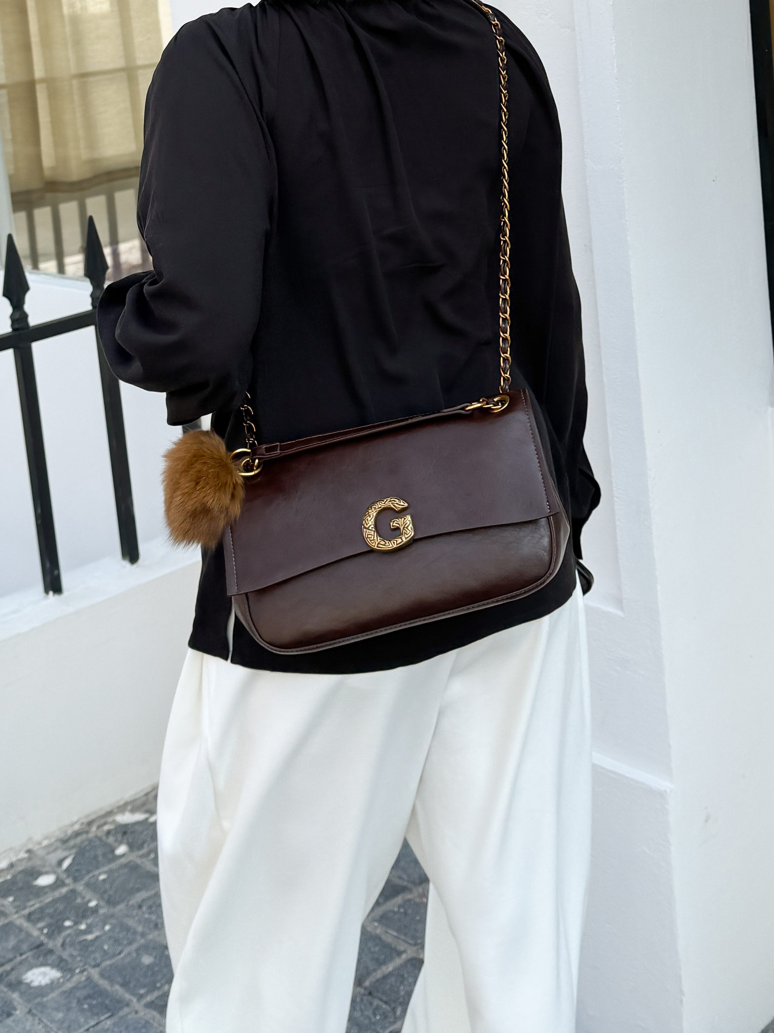 Beige Shoulder Bag with Gold Chain