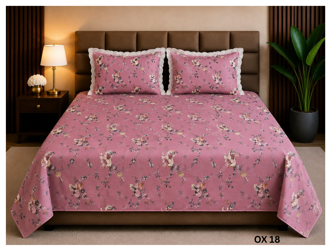 Floral Pink Cotton Bedsheet Set (500 TC Cotton)