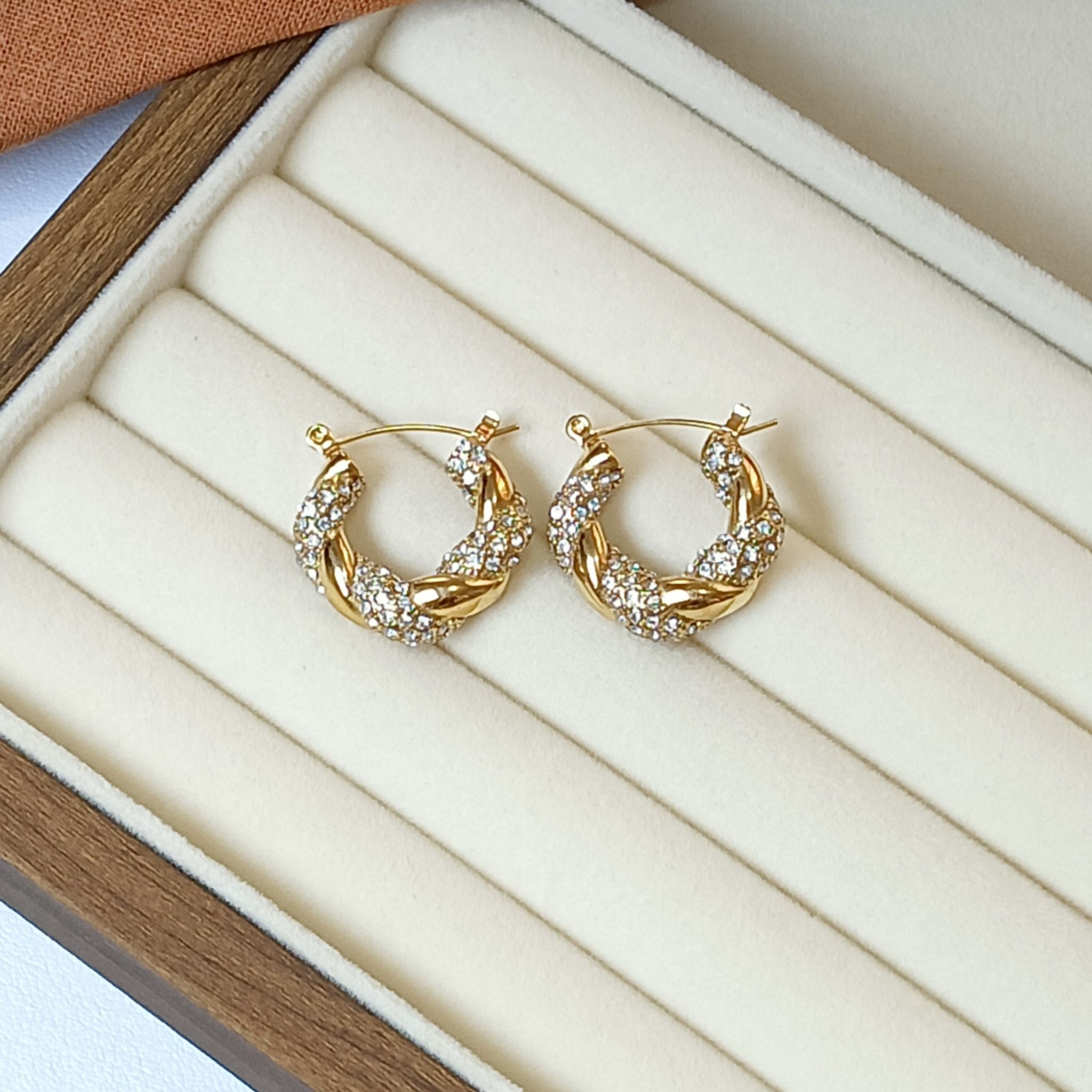 Gold Twisted Crystal Hoop Earrings 