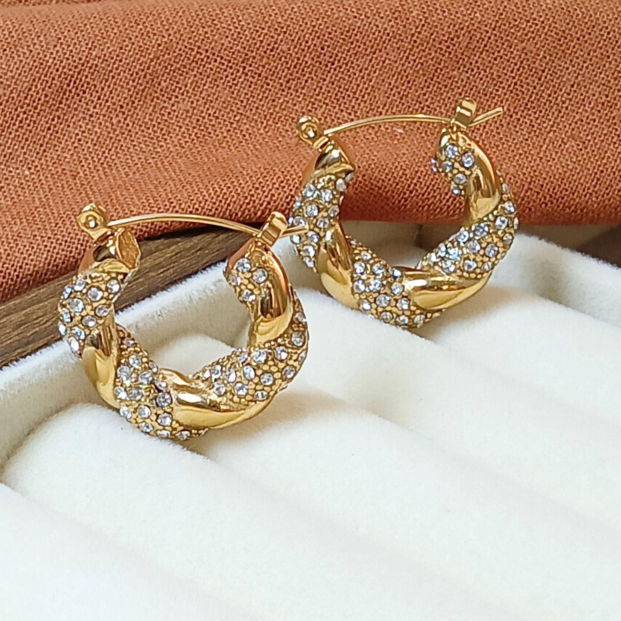 Gold Twisted Crystal Hoop Earrings 