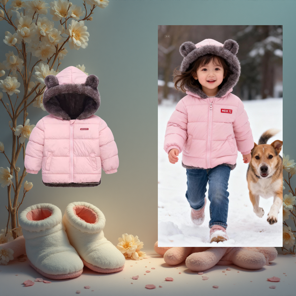 Manteau d'hiver réversible pour enfant rose et vert réversible fourré