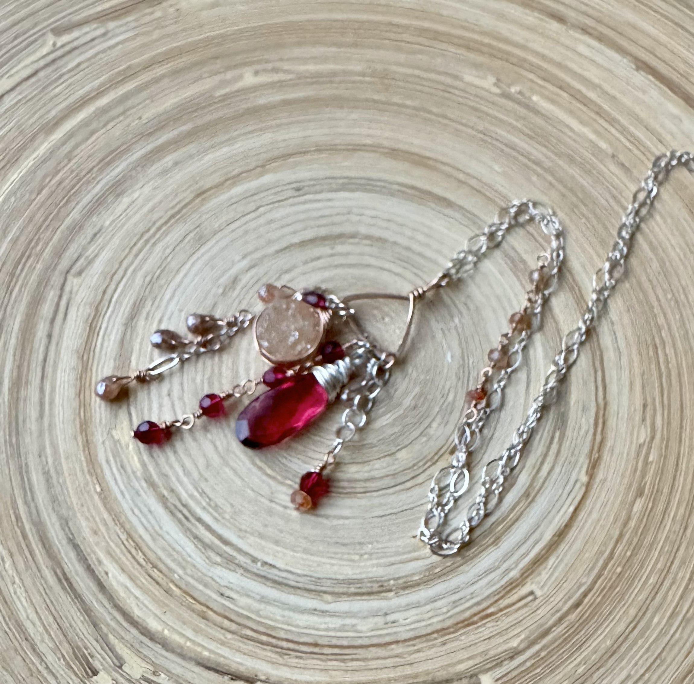 Handcrafted Red Crystal and Druzy stone Pendant Necklace