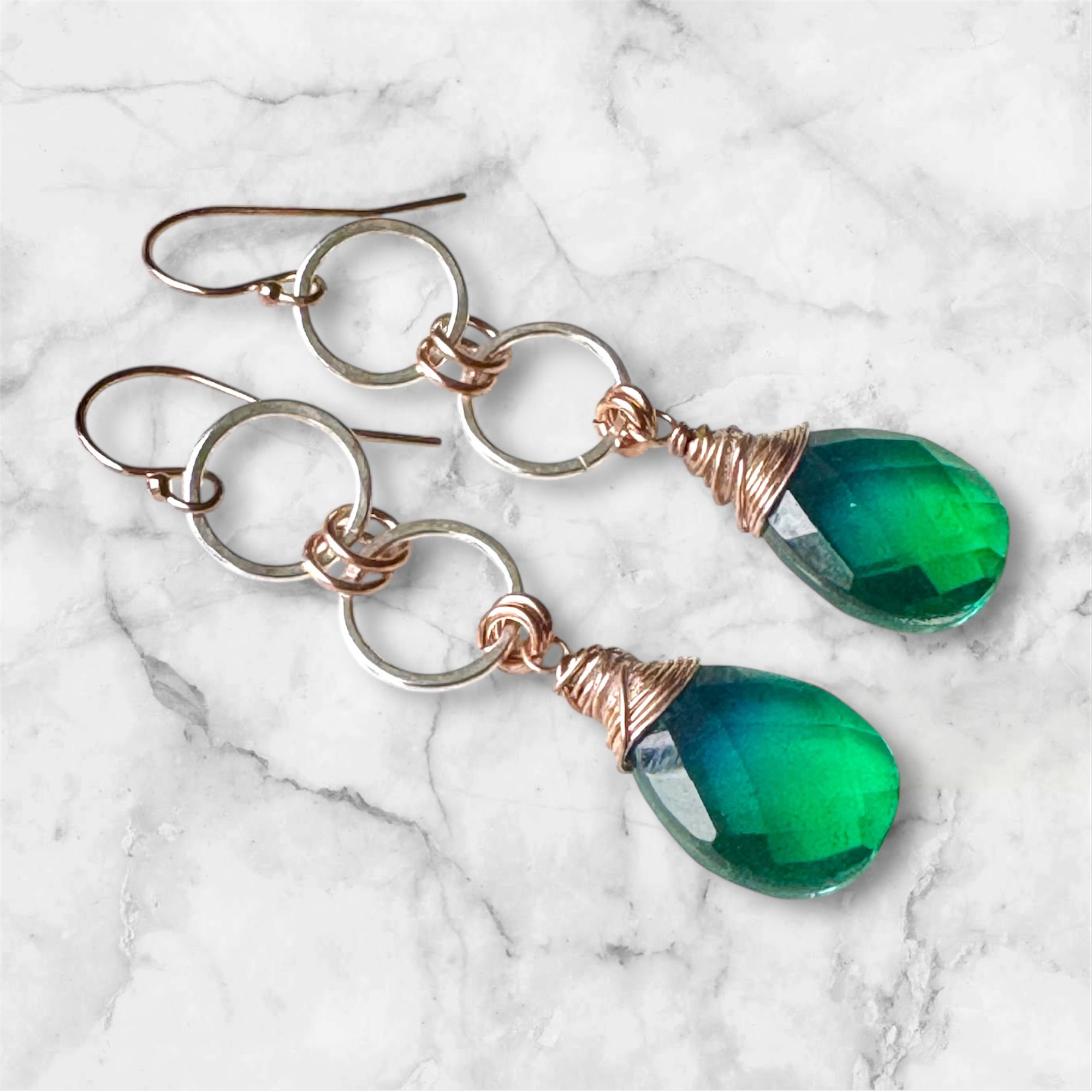 Two tone dangle earrings with Green- blue bi-tourmaline quartz.