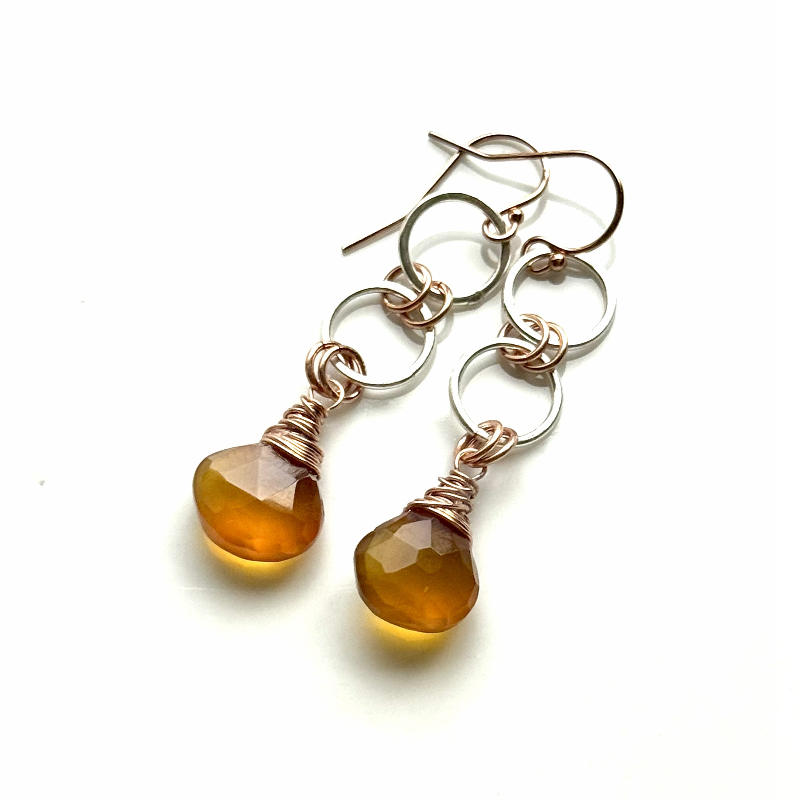 Honey yellow Chalcedon earrings in rose gold and sterling silver mixed metals.