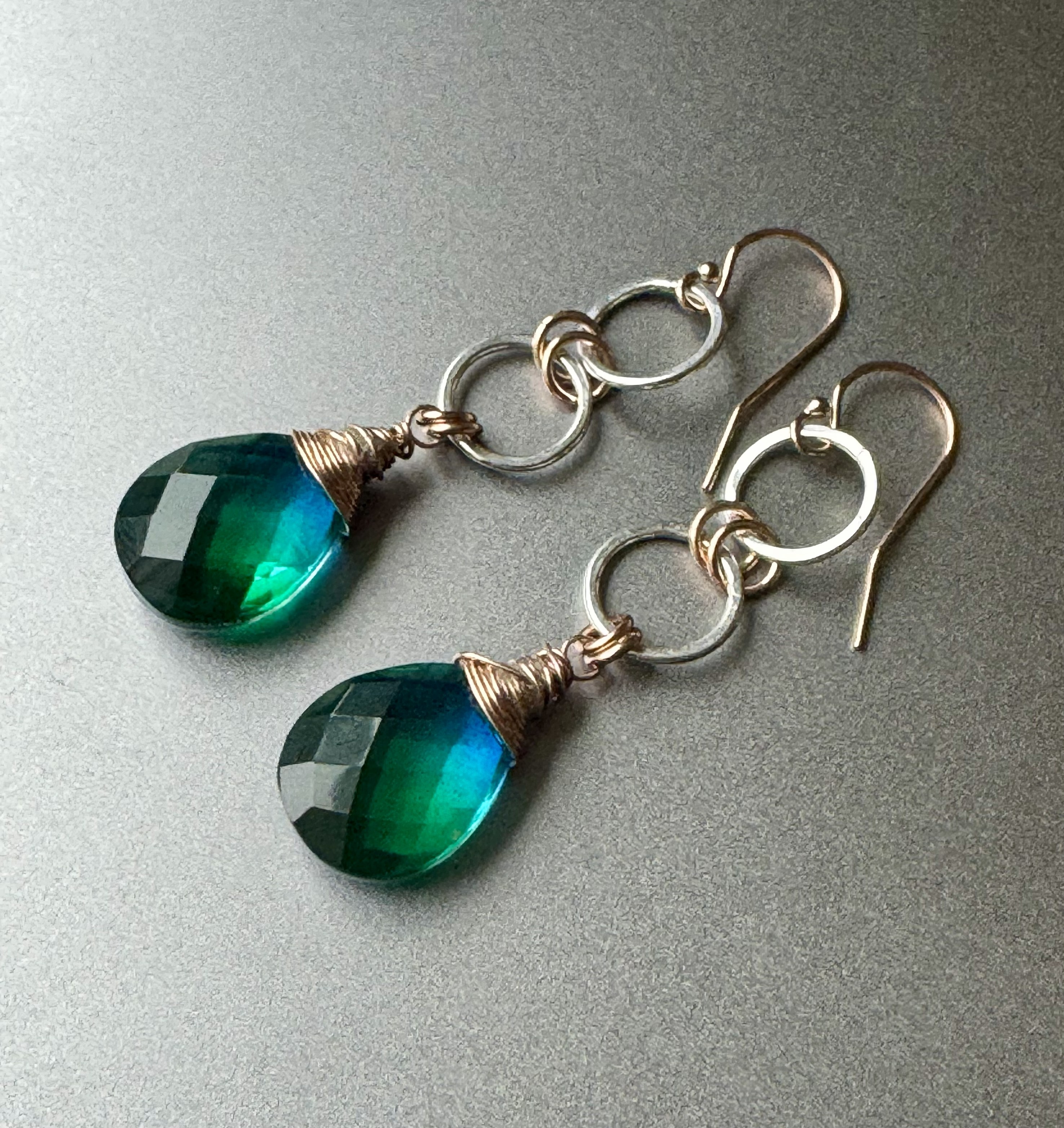 Two tone dangle earrings with Green- blue bi-tourmaline quartz.