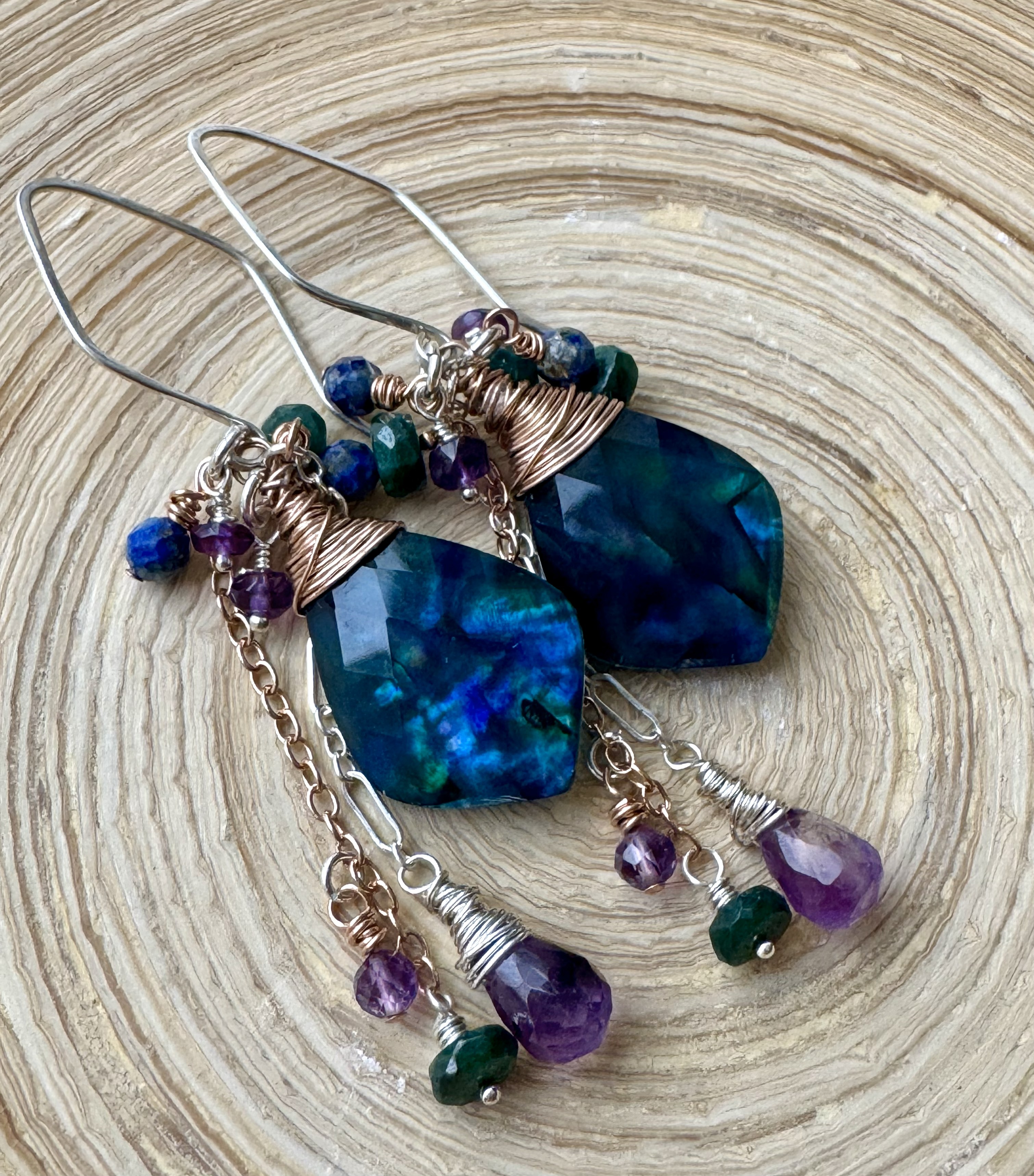 Multi- colored Abalone Quartz earrings with gemstones and two tone metal