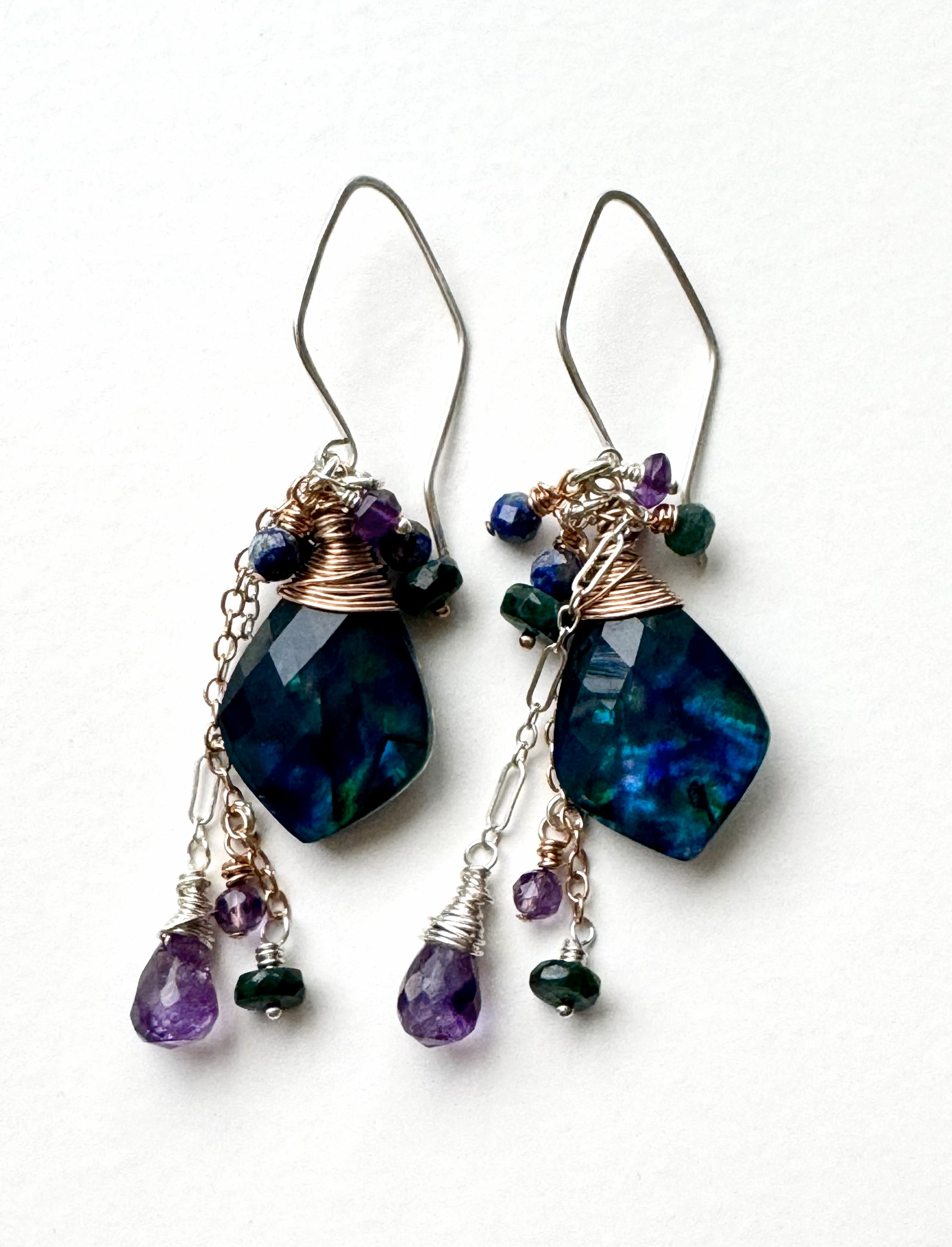 Multi- colored Abalone Quartz earrings with gemstones and two tone metal