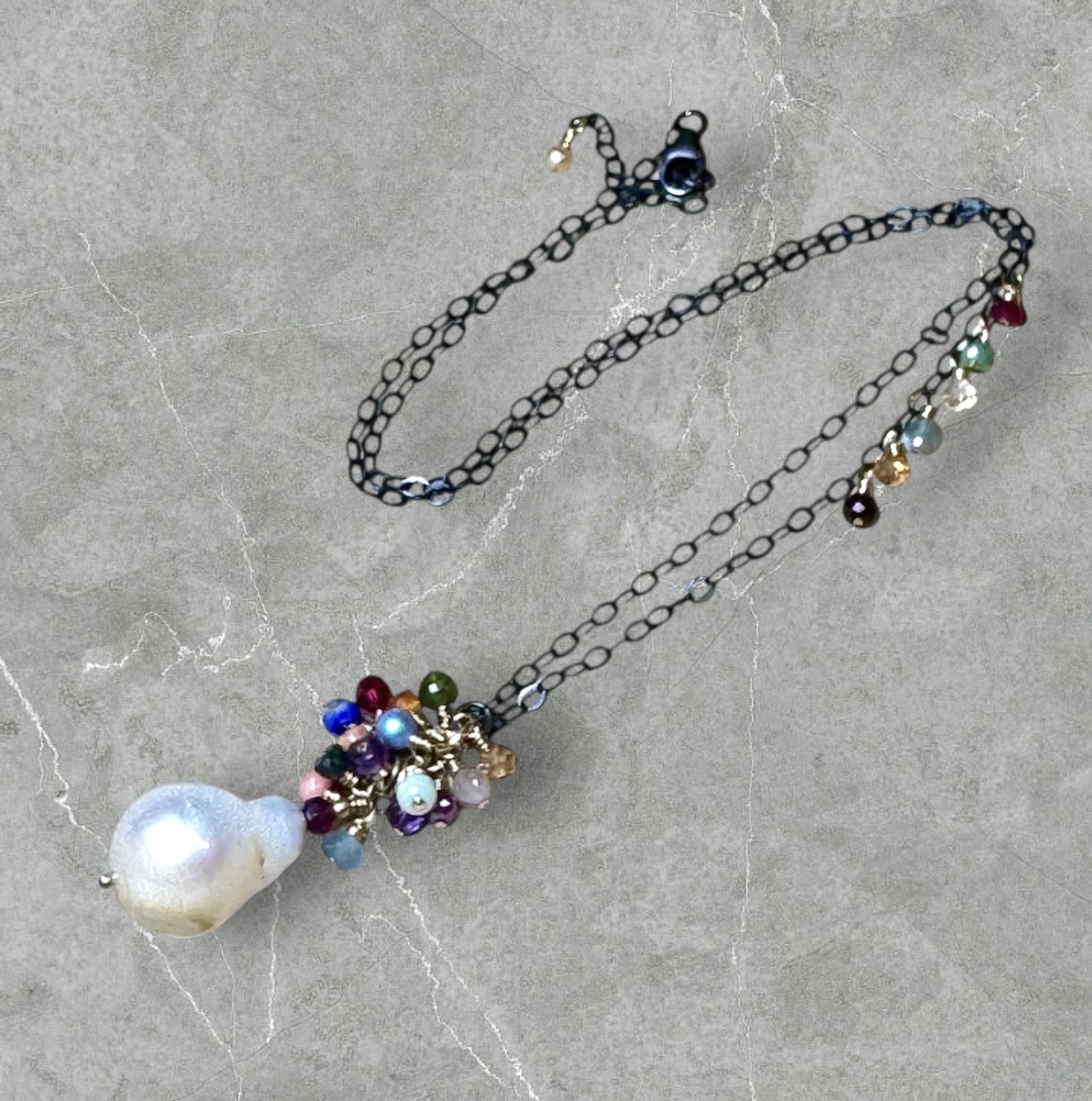 Colorful Gemstone and Pearl Pendant Necklace