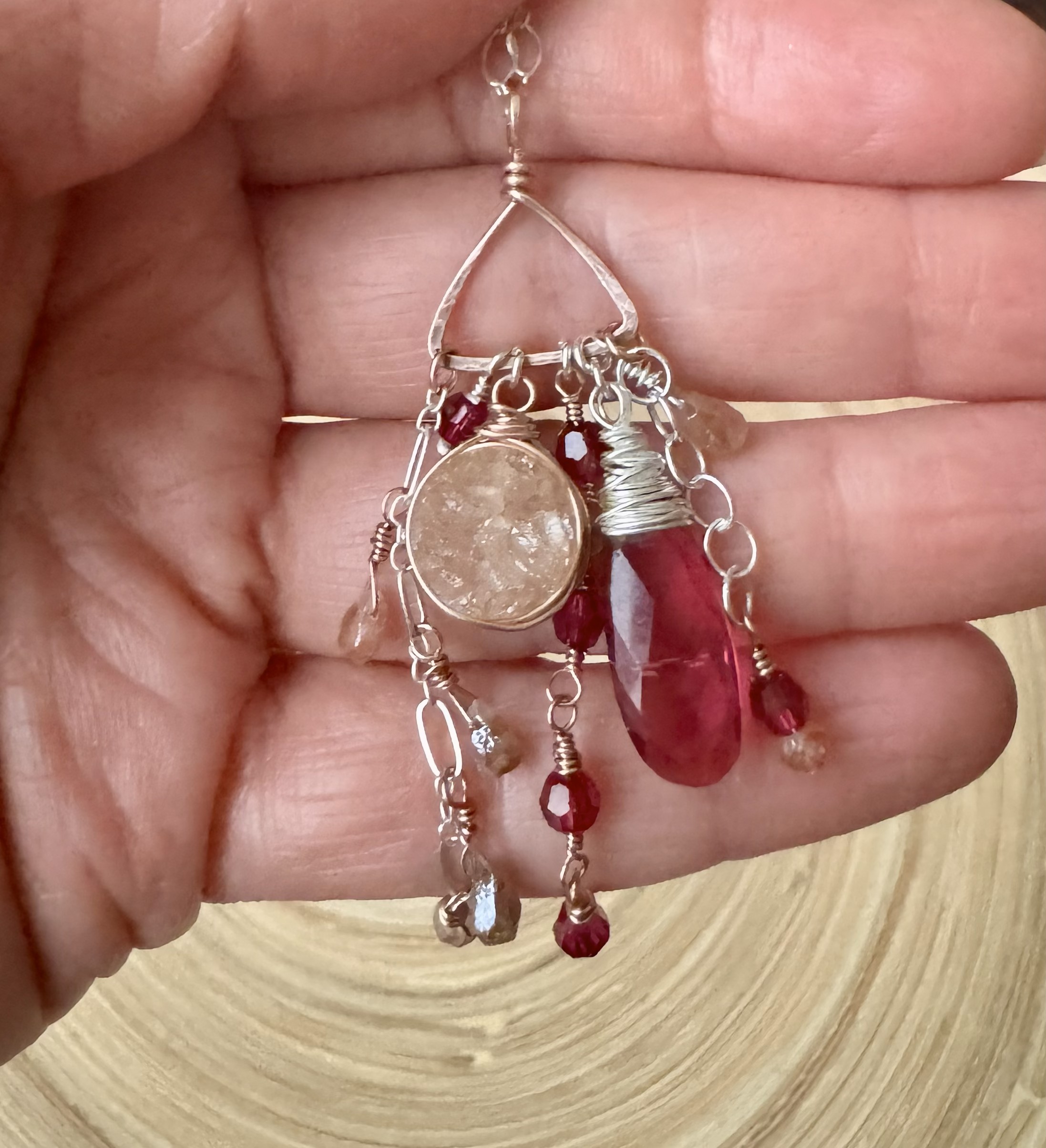 Handcrafted Red Crystal and Druzy stone Pendant Necklace