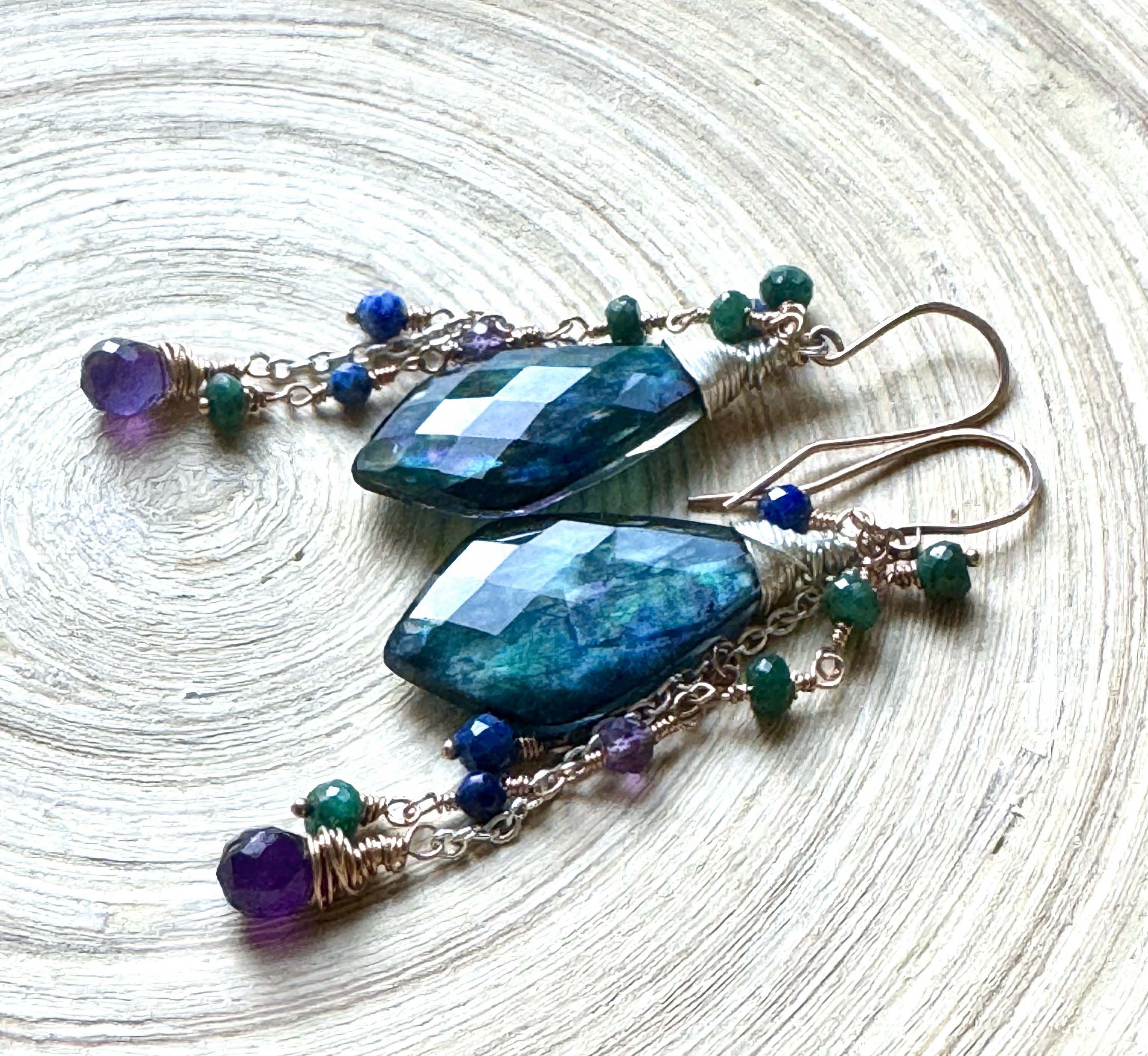 Multi- colored Abalone Quartz earrings with gemstones and two tone metal