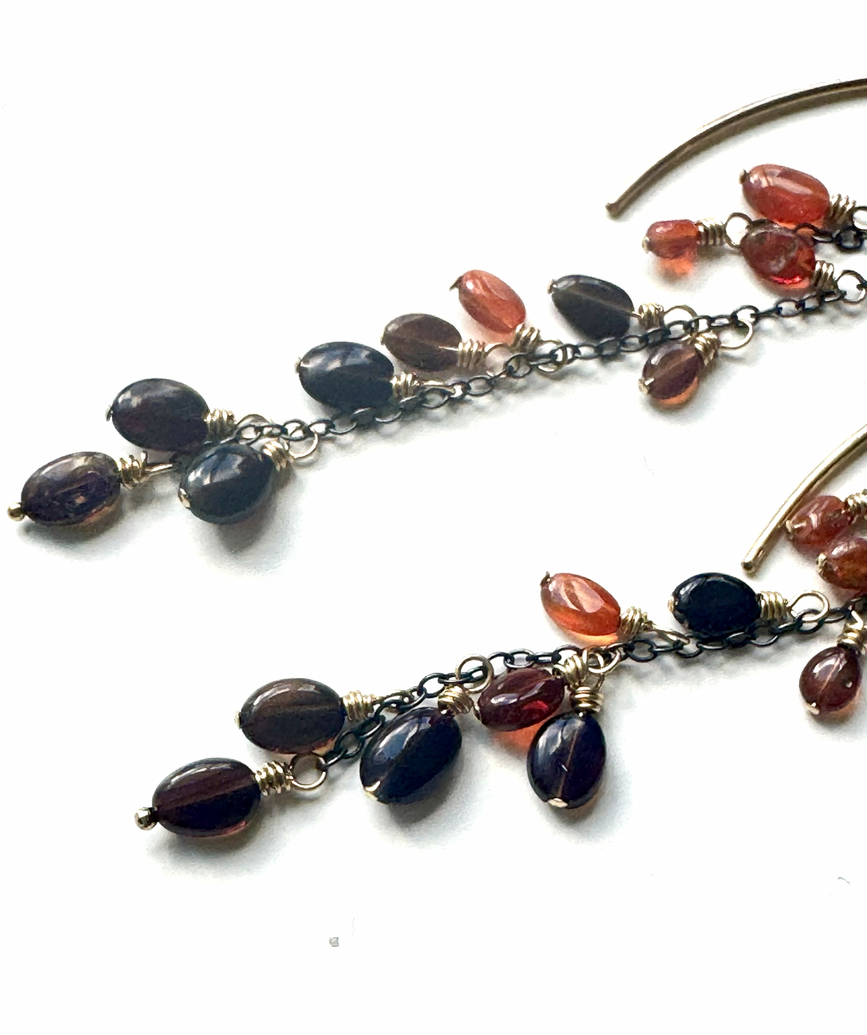 Ethiopian Opal thread earrings. Unique design in gold and oxidized silver