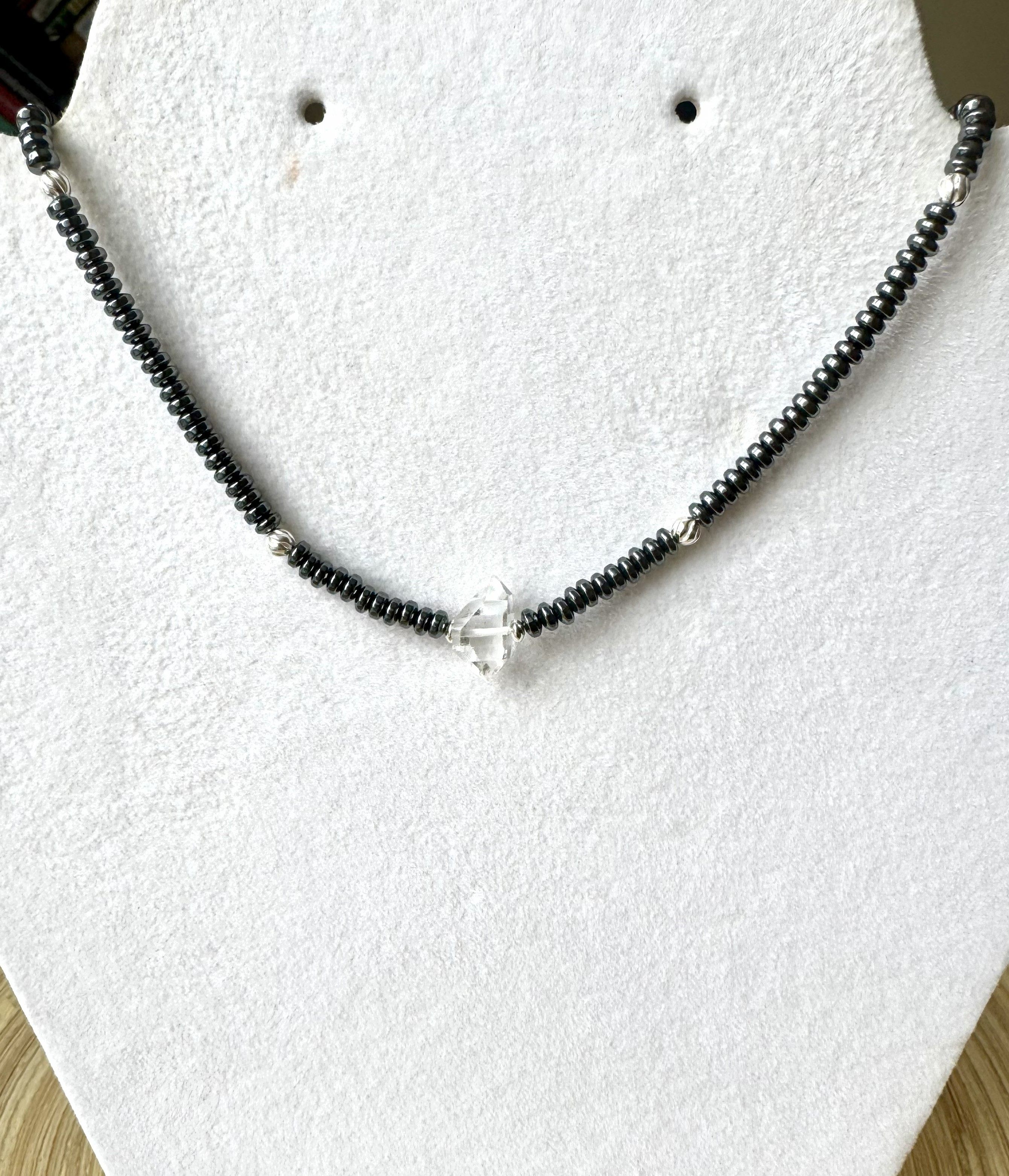 Beaded necklace with Hematite and Herkimer diamond