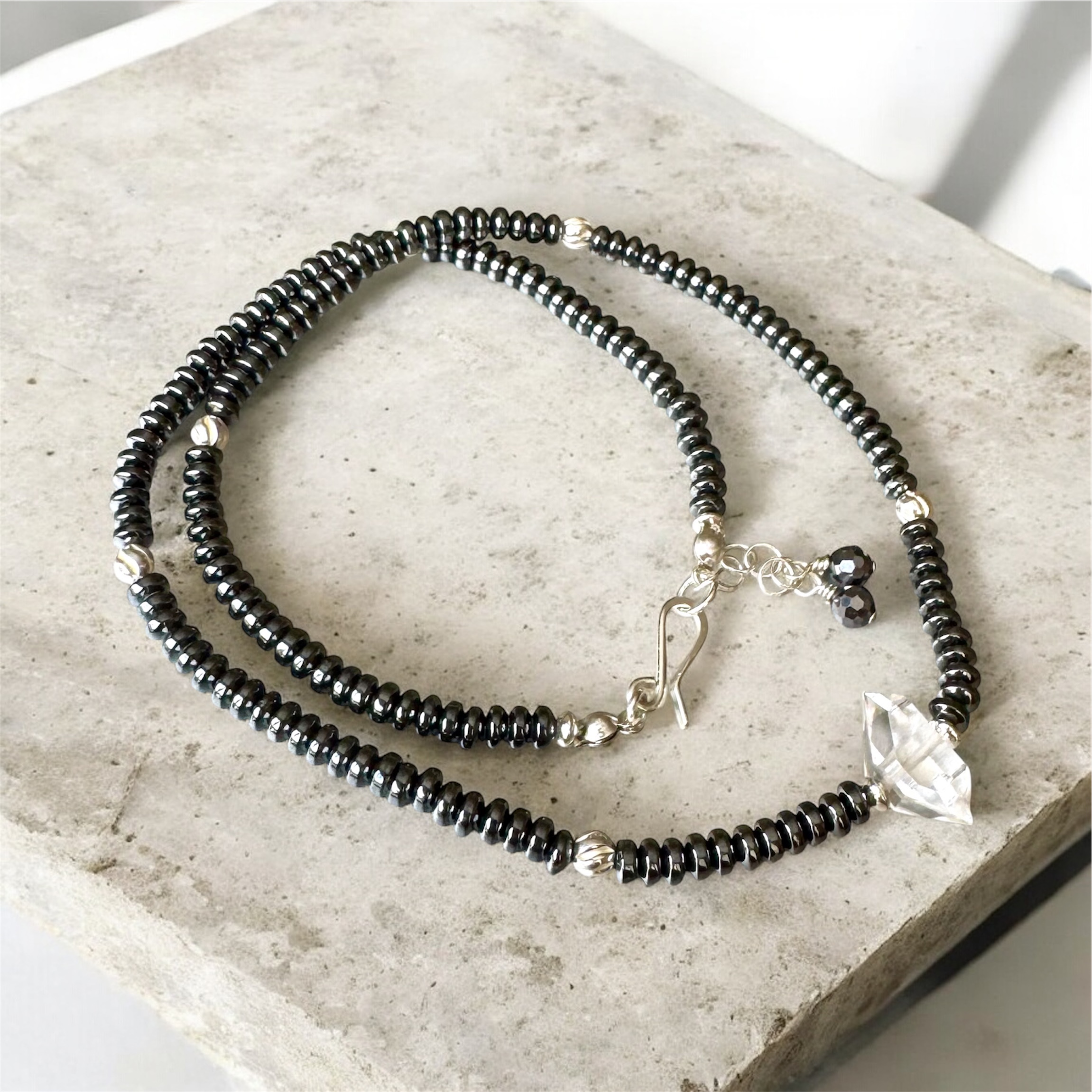 Beaded necklace with Hematite and Herkimer diamond